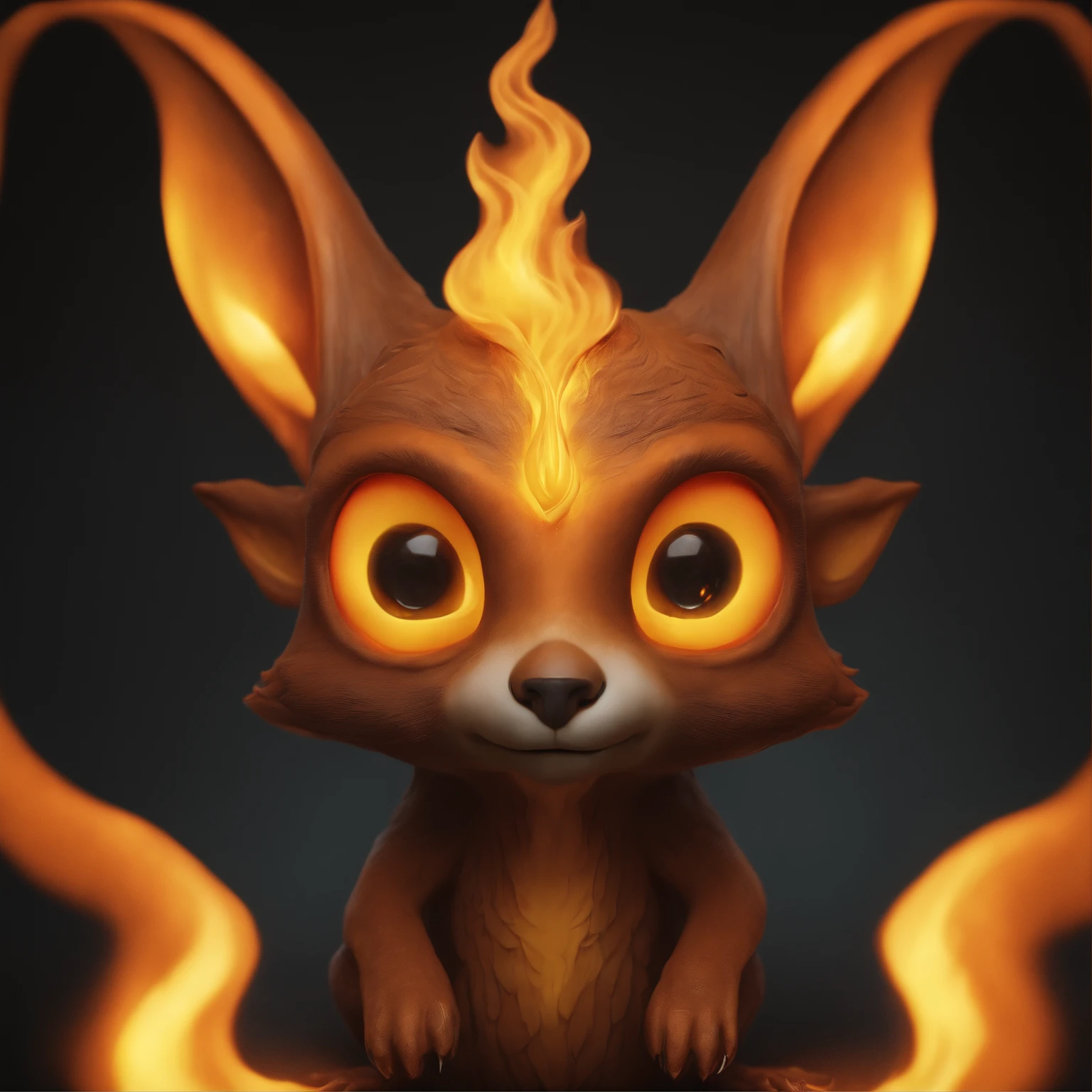 ceiling lamp scent, Huge eyes, large ears, trunk-shaped nose, bright orange and brown, long tail, engulfed in yellow flames, flame clothes, Best Quality, Masterpiece, in style of dark fantasy art