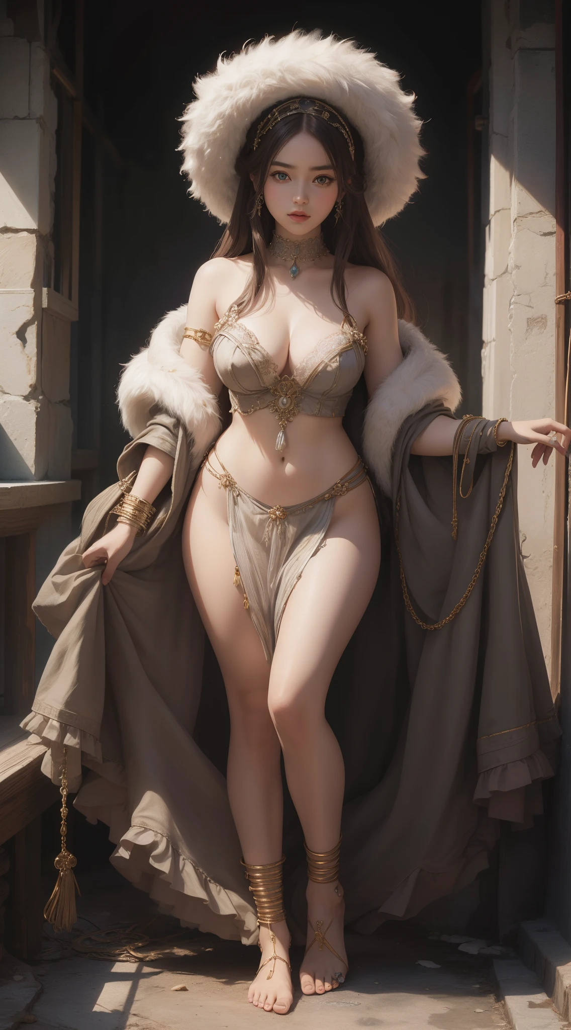 tmasterpiece,Highest image quality,Beautiful full body portrait of a humble slave girl,Clear eyes,Decorated with metal collars and fur garments,Barefoot,Ultra-detailed details,advanced,At the Pixiv Art Station,Break your own power,Luigi,Big breasts exposing cleavage,R-18G