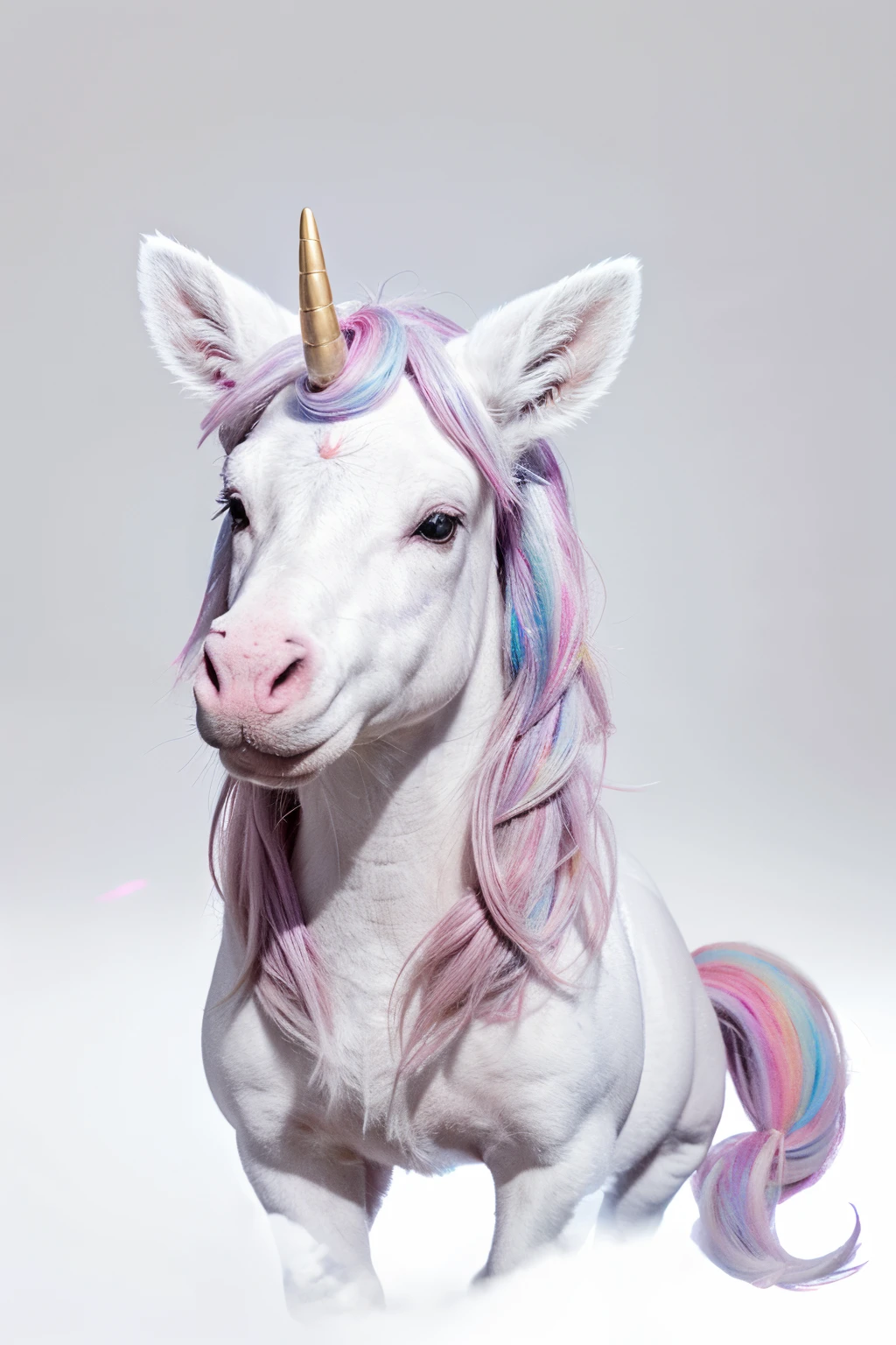 please create a Disney-like drawing of a unicorn, white, with color details, a magical horn, with these various facial expressions, happy, sad, worried, talking, using its powers, all the same size and with a white background