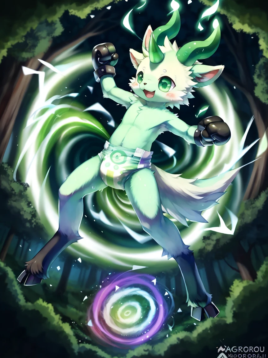 ((by wadorigi on Twitter)(Lamb)), pokemon, kid proportions, cute, adorable , thin thighs, hooves, upper limb hooves, light green fur, horns made of emerald , powerful green spiral wind current on surroundings, ( green swirling whirlwind effect), surrounded by green swirling whirlwinds of magic, multiple green swirling whirlwinds on background, wearing soggy messy padded diaper, (green leather boxing gloves), leather wrist cuffs, jumping, rising fist, green swirling whirlwind on fists, in forest