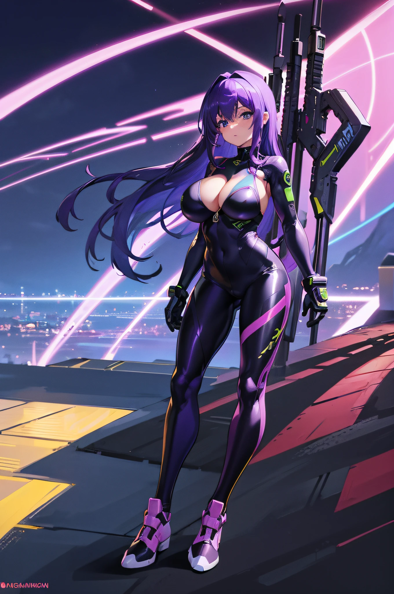 4K,hight resolution,One Woman,Bright purple hair,Longhaire,Bright blue eyes,Colossal tits,cybersuit,Full body tights,城市,Midnight