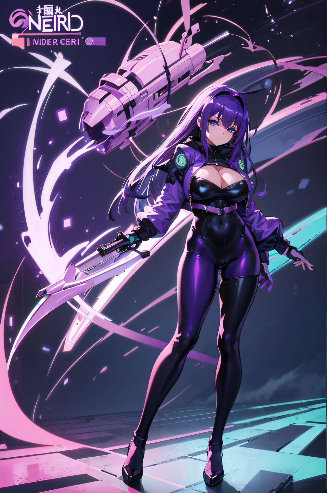 4K,hight resolution,One Woman,Bright purple hair,Longhaire,Bright blue eyes,Colossal tits,Cyber zentai,城市,Midnight