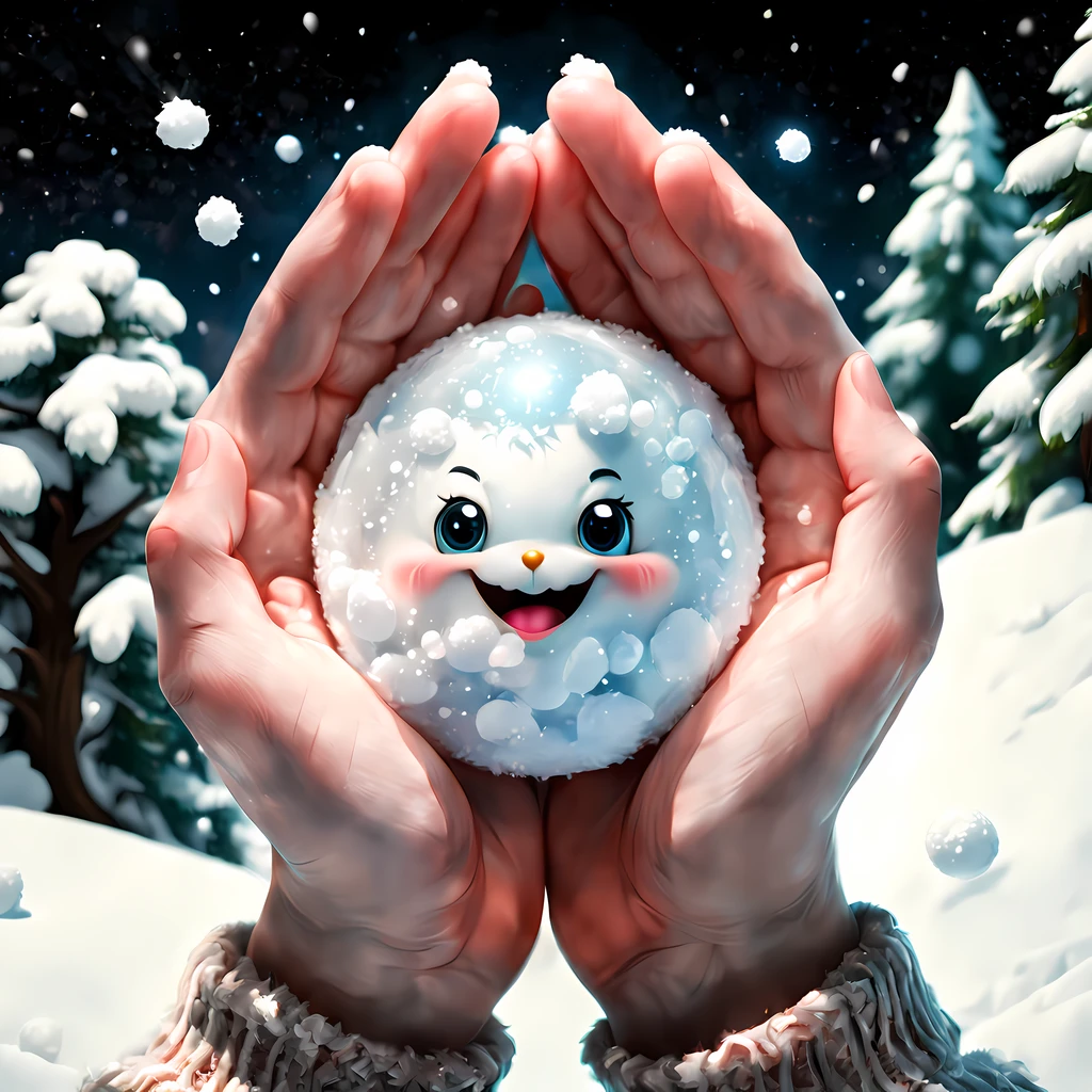 (close up:1.3), (shot from above:1.3), (cute cartoon style:1.3), (((magical snowball inside two hands)))