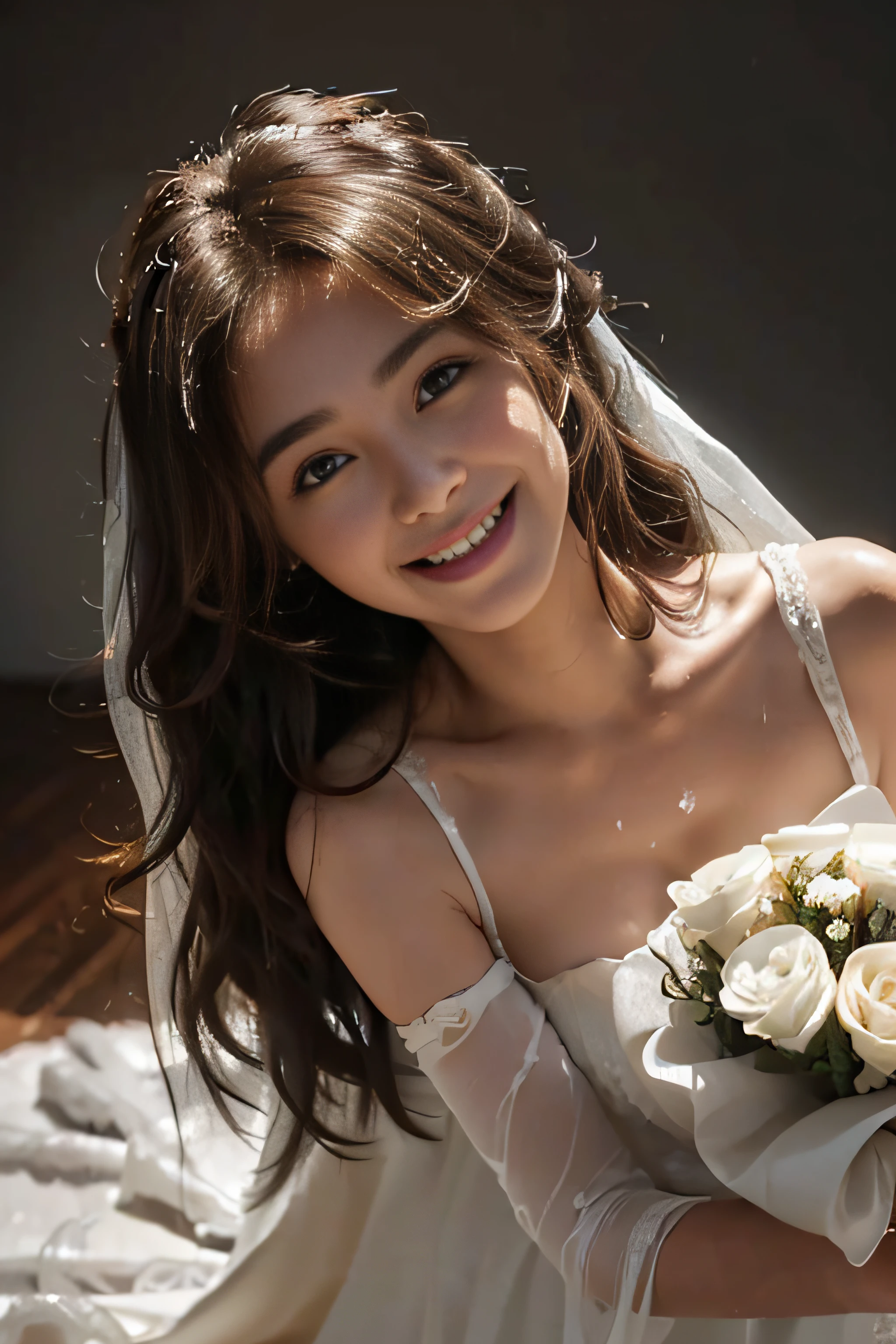 ((beautiful a girl:1.3))((wearing wedding dress_Holding a bouquet of flowers in your hands:1.4))((pantyshot:1))((Looking at me and smiling:1.2))((full of sweat:1.5))((with a flushed face:1.4))((Normal milk:1.4))((close-up:1.2)) Best Quality,masutepiece,超A high resolution,(Photorealistic:1.4),Raw photo,(Authentic skin texture:1.3),(Film grain:1.3),the panorama,Character Portrait,Very Wide Shot,Narrow waist,Cowboy Shot,(In the Dark, deepshadow, lowkey, cold light,) Night,(()),Streaming Tears,,Dust,Tindall Effect,(expression),1girl in,beautiful detailed eyes and face,White Jabot,Brown eyes,((brown super long hair:1.2)),((loosely curled hair:1.2)) ((Full body:1.3)) ((Smile:1.3))