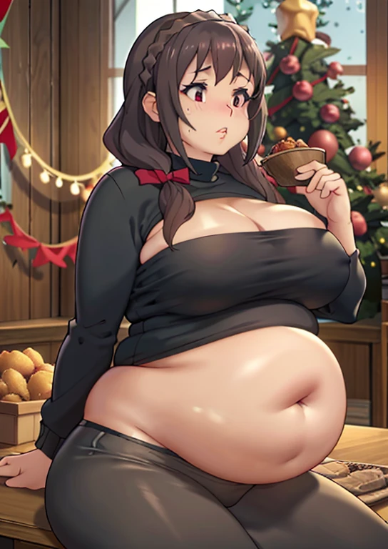 ery fat, large belly, big fat belly, fat belly, fat belly, huge, fat thighs, big stomach, overweight, thicc, chubby, chubby belly, shocked, fat, huge belly, obese, YunYun, Yunyun konosuba, Christmas, sweater, holiday, Christmas decorations, cookies,fat, large belly, standing, grabbing belly, very fat, large stomach, chubby (best quality, masterpiece), fat belly, at, large belly, standing, grabbing belly, very fat, large stomach, chubby (best quality, masterpiece), thanksgiving, wearing sweater, grabbing belly, sitting down, table with of food, table tons of food, lots of food, holding belly, table with food, sitting, wearing sweater, Christmas, Holiday, Christmas cookies,