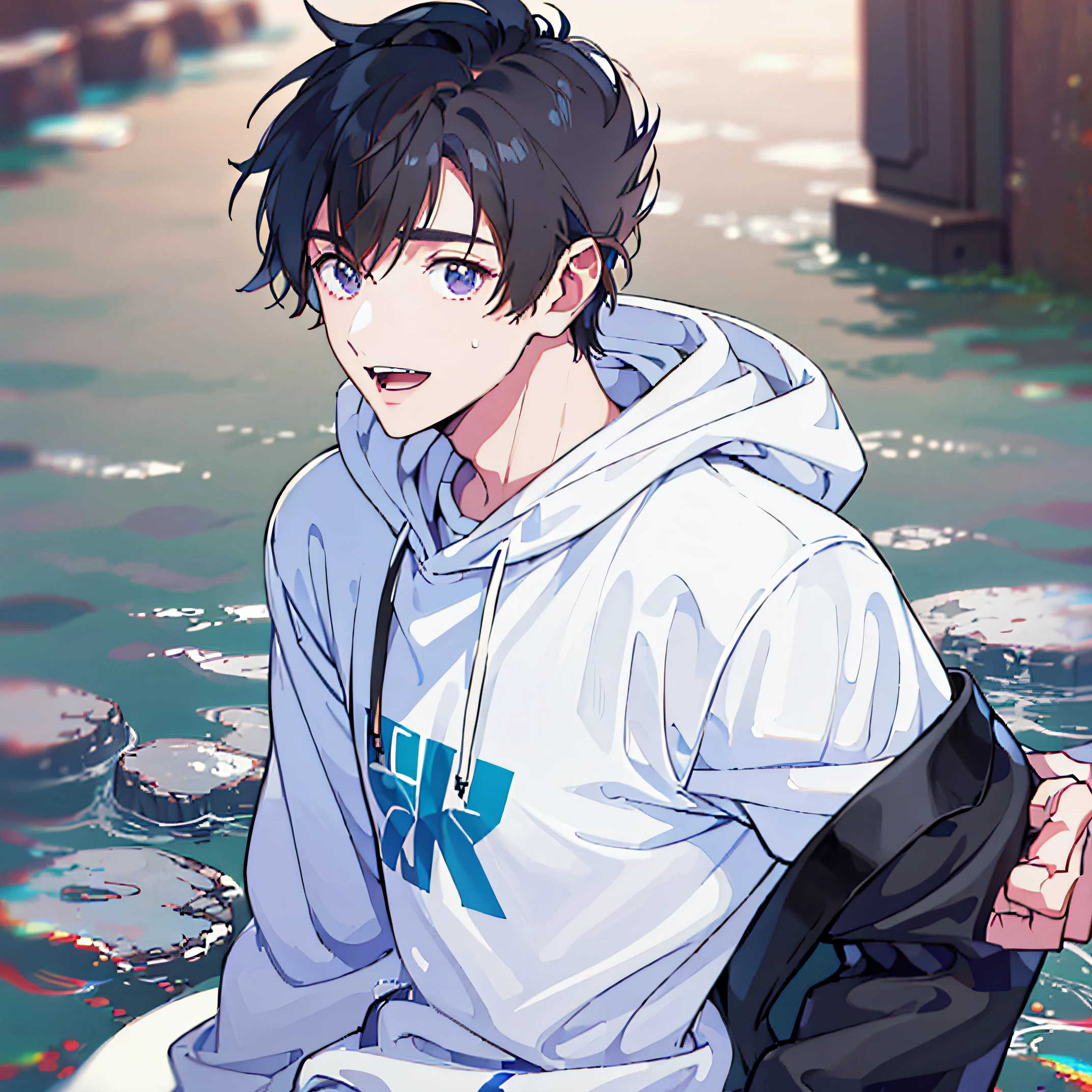 ((1male people)), man of 30 years old,Handsome men,wearing hoodies,brown haired,A smile,Open mouth,White background,Best Quality,in 8K, 超A high resolution,Faraway view,a man is asking you out on a date