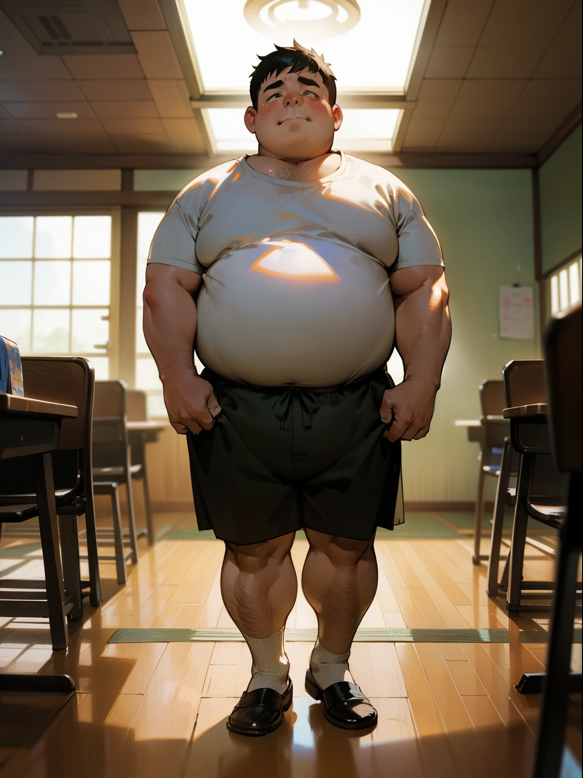 A thick man is 50yo in japan, 1man, stand and slouching look down, dwarfism, Wearing a aper, Pampers, Bowleg, Bare legs, shirtless, obesity with a protruding belly, short stature and short limbs, Round face, crew cut, Shy, tearful, sobbing, There is a small puddle at his feet, classroom, a picture, high detail illustration, 8K, masterpiece