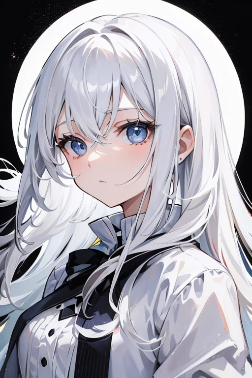 A age girl，has long white hair，eBlue eyes，wears a white dress，Portrait，In the dark night without bright sunlight，