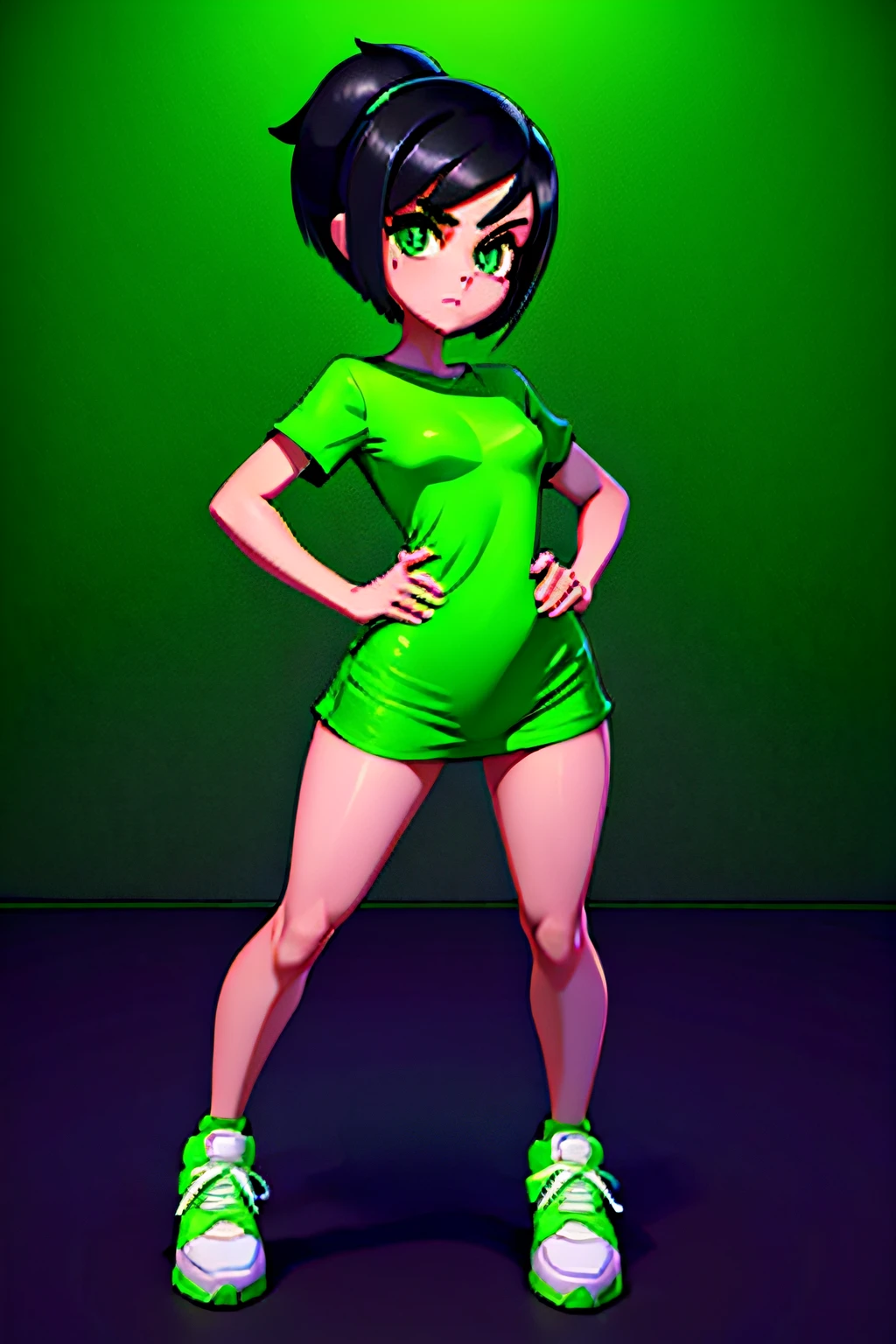 ..3d, art studio style, Detalhes do realismo, reference to the powerpuff girls, uma mulher de 20 anos, a girl with short black hair and green eyes wearing an oversized loose green t-shirt and white sneakers, corpo inteiro, lean fitness, usando armas nurf