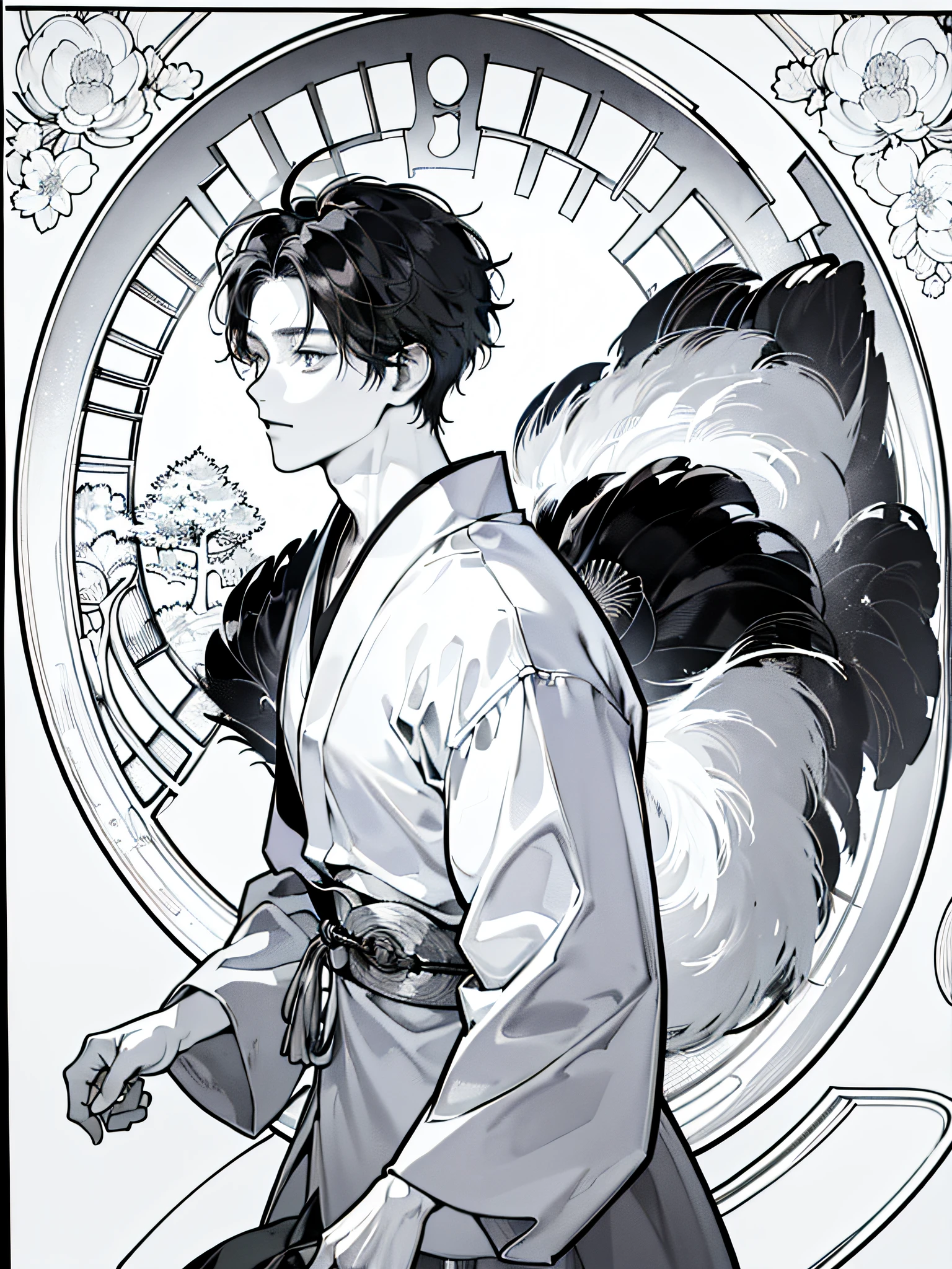 black and white manga style, Highly Detailed, Masterpiece, Hyper detailed, Illustration, (1 guy, 27 years old japanese man figure), (wearing yukata), in the shrine, cinematic shot, ((manga, manga style, black and white))