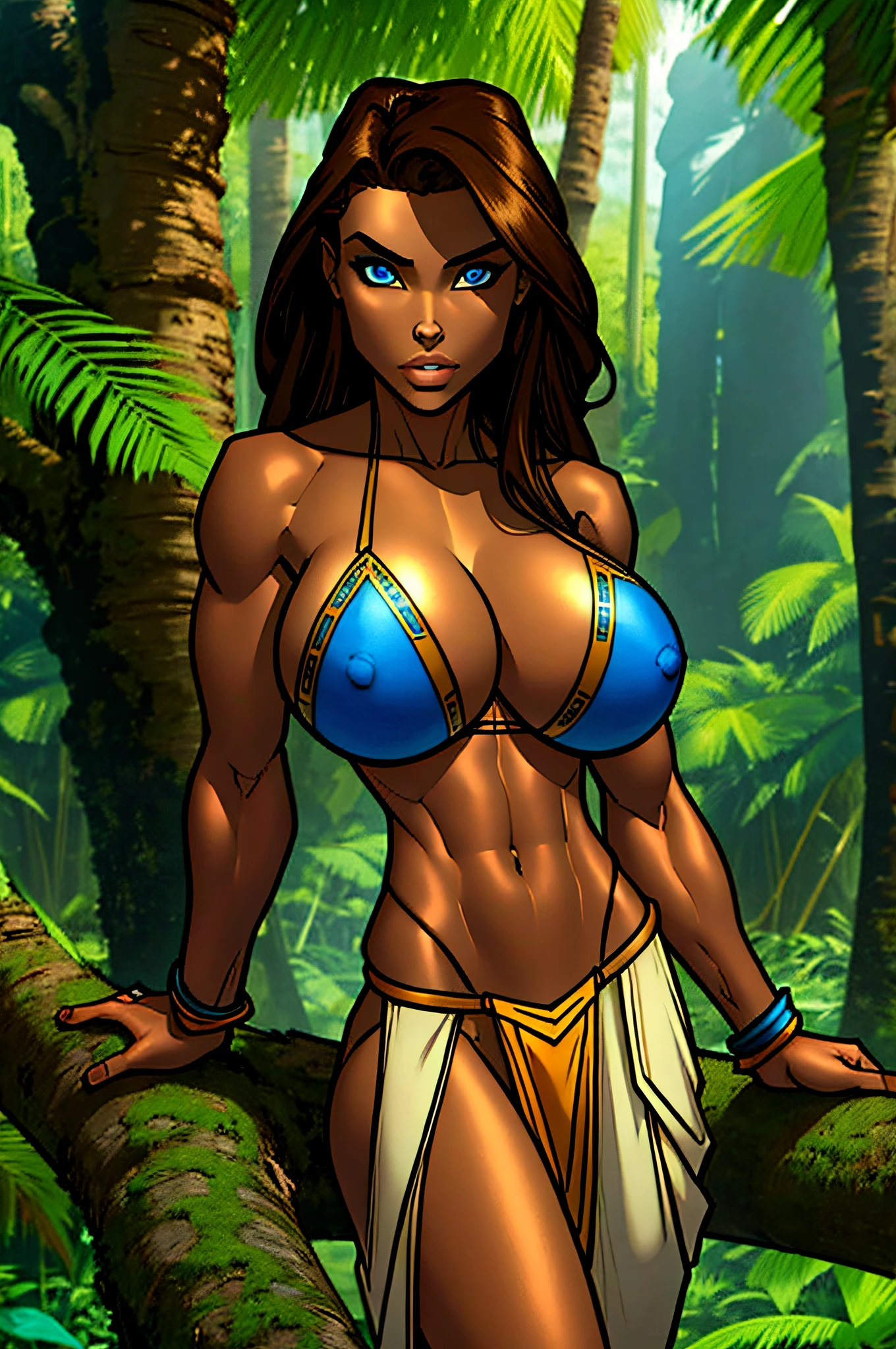 masterpiece, slender, brunette, tan, blue eyes, big boobs, blue tribal loincloth, jungle