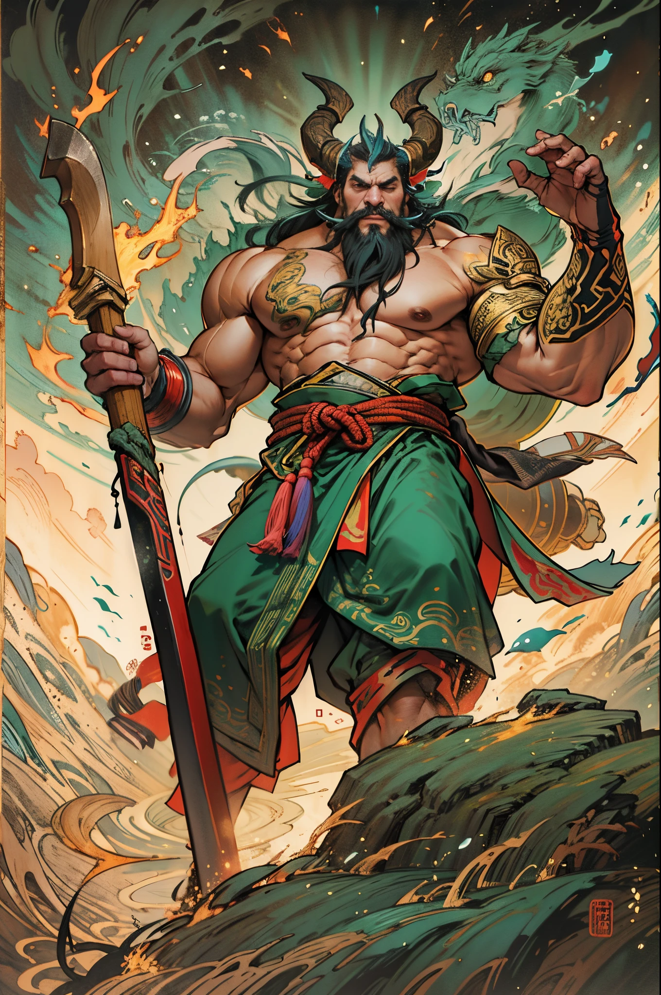 Depicts the ancient creative god,(((Pangu))),God who created heaven and earth,(Chinese mythology)。,illuminations,(((Robust man,big beard,(Burning hair:1.4),Wield a giant axe,Split the heavens and the earth,),Upper body exposed, ,Tall, well-proportioned figure,Strong body,thick mustache,strong muscle,)),Deep background,hoang lap,marvelous and unbelievable,Epic work,(Complicated details,hyper-detailing:1.2),ultra real photo, Epic reality, ((com cores neutras)),(pastel colour:1.2), hyper realisitc, + Cinema lenses + dynamic compositions, The is very detailed, Sharpen, Cinematic, warmly lit, Light effect, Dramatic light, (Complicated details:1.1), the complex background, (greg rutkovsky:0.8),Full body photo,standing on a hill,Chinese mythology,