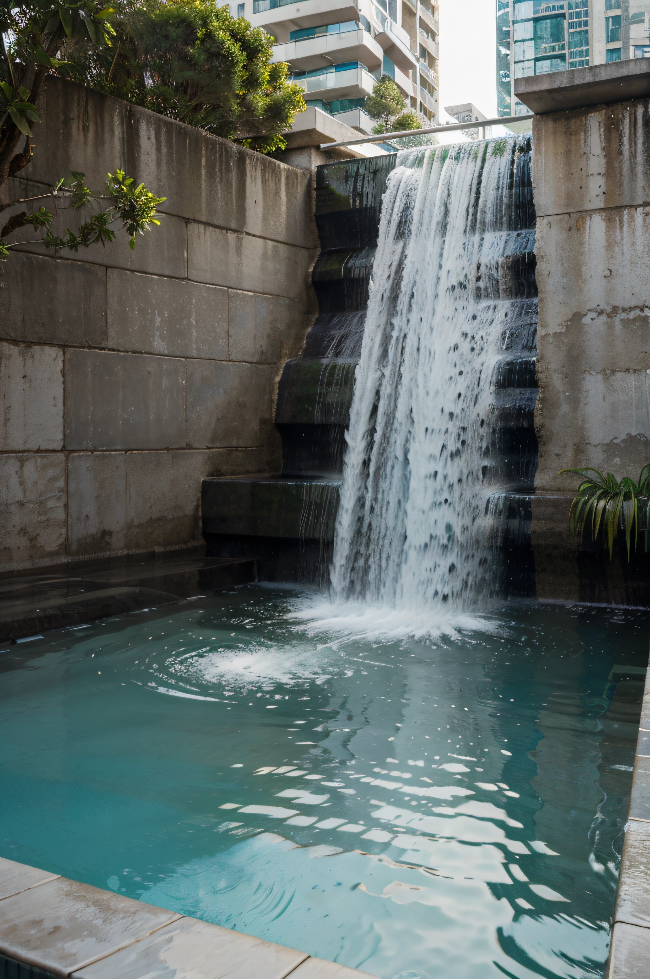 modern style cityscape,pools of water,Water flows vertically downward,the detail