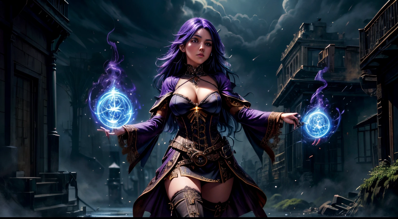 arte de fantasia, arte steampunk, Arte de RPG, fotografia, .RAW, , Melhor Detalhado, Imagem de uma mulher bruxa, Manipulating the Magic Blue Fire, mulher extremamente bonita (Melhor Detalhado, master part, hiper-realista: 1.5) cabelos loiros, cabelos ricos, cabelos ondulados, dynamic eye color, vestindo vestido preto e branco, wearing pantyhose, usando botas de salto alto, lace-up boots, compor, fundo steampunk, ultra melhor realista, melhores detalhes, best quality, 16k, [ultra detalhado], master part, best quality, (extremamente detalhado), tiro ultra largo, fotorrealismo, profundidade de campo, pintura hiper realista, Runas brilhantes_Purple, fogo azul