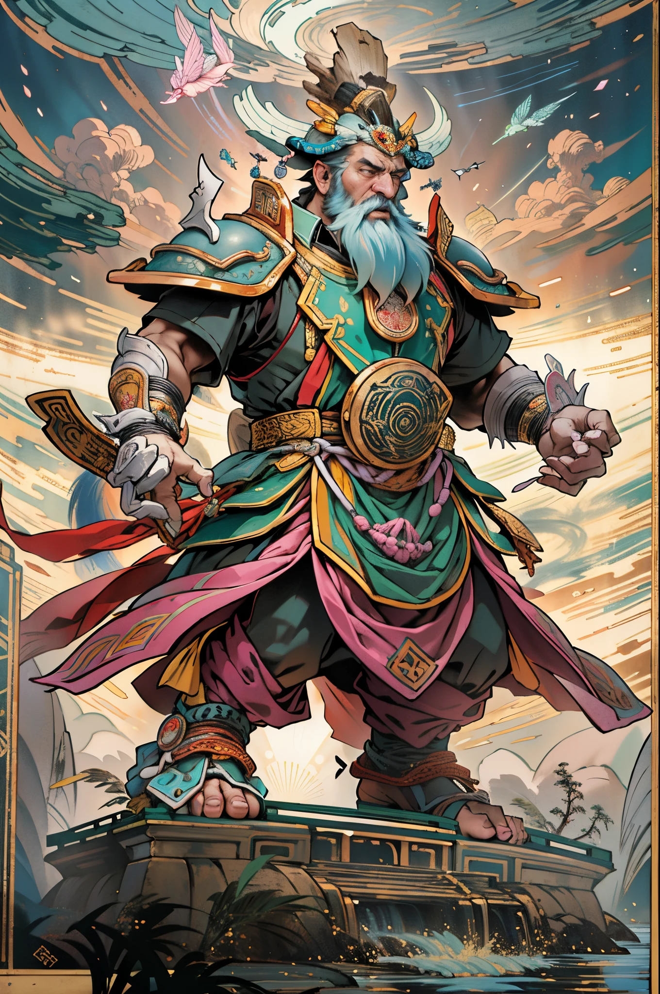Describe an ancient creator god,Fuxi,Emperor Fuxi,The first of the three emperors,The first of a hundred kings,He is also the earliest recorded creation god in my country.,He moves up and down in the sky,Deep background,hoang lap,marvelous and unbelievable,Epic work,(Complicated details,hyper-detailing:1.2),ultra real photo, Epic reality, ((com cores neutras)),(pastel colour:1.2), hyper realisitc, + Cinema lenses + dynamic compositions, The is very detailed, Sharpen, Cinematic, warmly lit, Light effect, Dramatic light, (Complicated details:1.1), the complex background, (greg rutkovsky:0.8),