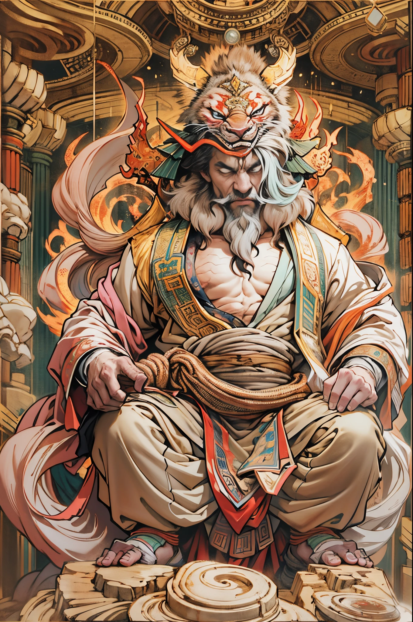 Describe an ancient creator god，Fuxi，Emperor Fuxi，The first of the three emperors，The first of a hundred kings，He is also the earliest recorded creation god in my country.，He moves up and down in the sky，Deep background，hoang lap，marvelous and unbelievable，Epic work，(Complicated details，hyper-detailing:1.2)，ultra real photo, Epic reality, ((com cores neutras)),(pastel colour:1.2), hyper realisitc, + Cinema lenses + dynamic compositions, The is very detailed, Sharpen, Cinematic, warmly lit, Light effect, Dramatic light, (Complicated details:1.1), the complex background, (greg rutkovsky:0.8),