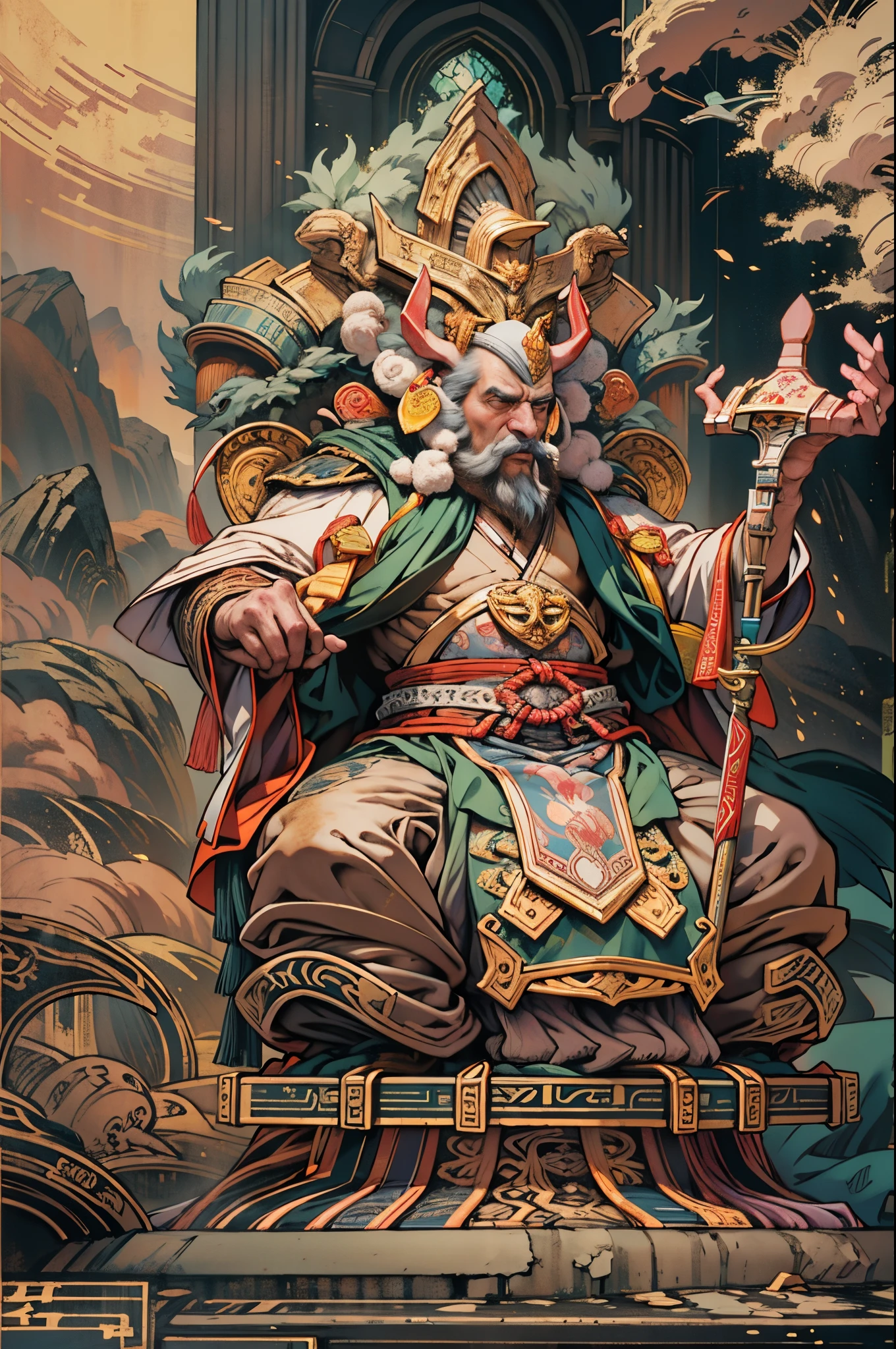 Describe an ancient creator god，Fuxi，Emperor Fuxi，The first of the three emperors，The first of a hundred kings，He is also the earliest recorded creation god in my country.，He moves up and down in the sky，Deep background，hoang lap，marvelous and unbelievable，Epic work，(Complicated details，hyper-detailing:1.2)，ultra real photo, Epic reality, ((com cores neutras)),(pastel colour:1.2), hyper realisitc, + Cinema lenses + dynamic compositions, The is very detailed, Sharpen, Cinematic, warmly lit, Light effect, Dramatic light, (Complicated details:1.1), the complex background, (greg rutkovsky:0.8),