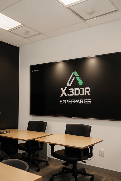 create an image of an office with a 3D logo on the wall written in black, a logo chama: X Expercorp