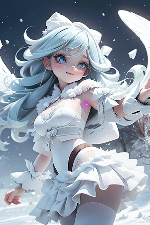 masterpiece, best quality, a snow winged angel smiling, blue lips, blue hair, intense blue smokey eyes makeup, (snow material) clothing, (crystal) hair bow, crop shirt, sheer draped skirt, ((white tights)), ((black pumps)), playing with the snow, frozen magical garden (at night), magic lights floating around, (falling snow), photoshoot, dynamic pose, angle from below,
