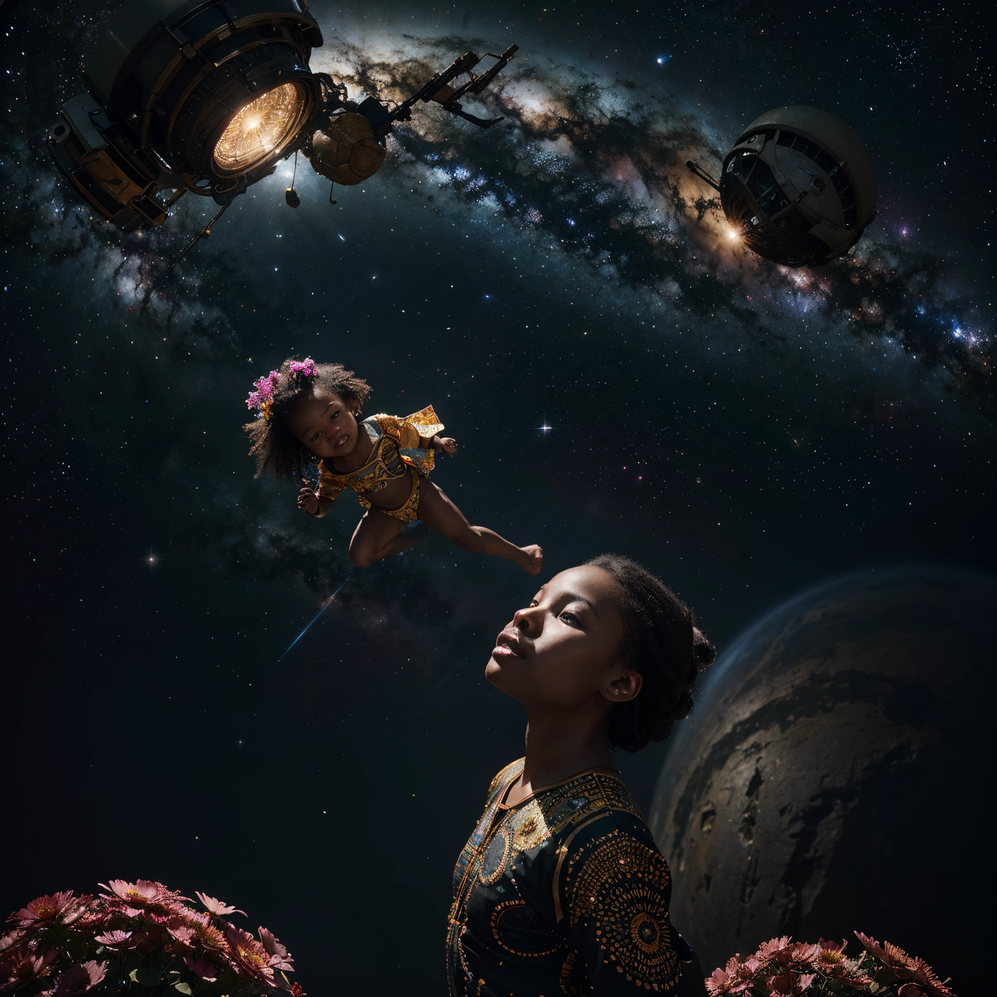 In this stunning cosmic art, a happy Black toddler, dressed in vibrant African garments, gently floats on a magnificent flower in the vastness of space. The stars above, shaped like delicate flowers, cast a dazzling light upon the scene, creating a truly cinematic experience. Rendered in ultra HD, this masterpiece captures the essence of Artgerm's unique and diverse style, unreal engine rendered, sci-fi art, fantasy art, cosmic art