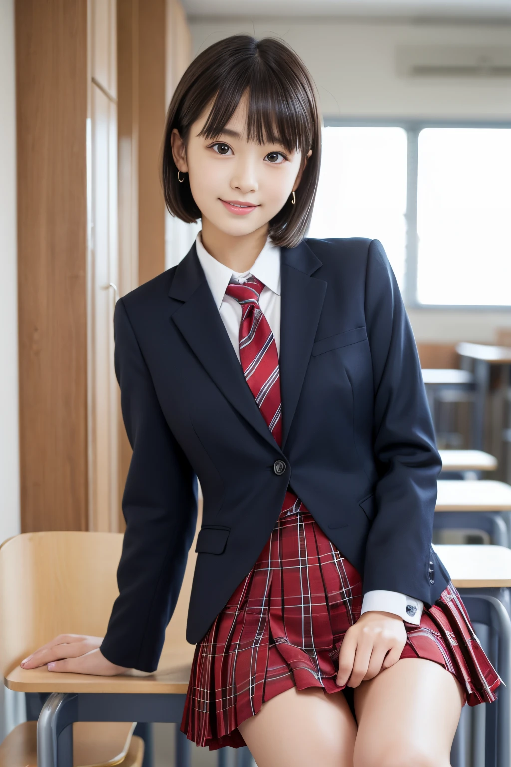 masutepiece, Best Quality, 8K、(Golden Ratio Face、Balanced eyes、Very kind eyes)、二重まぶた、An innocent face、Young Face、Beautiful nasal muscles、Shy laughter、lipgloss、Balanced style、Bob Hair、Very beautiful girl、Beautiful girl solo like a model、Blazer Uniform、Tie blouse、Red Tartan Check Pleated Skirt、school classrooms