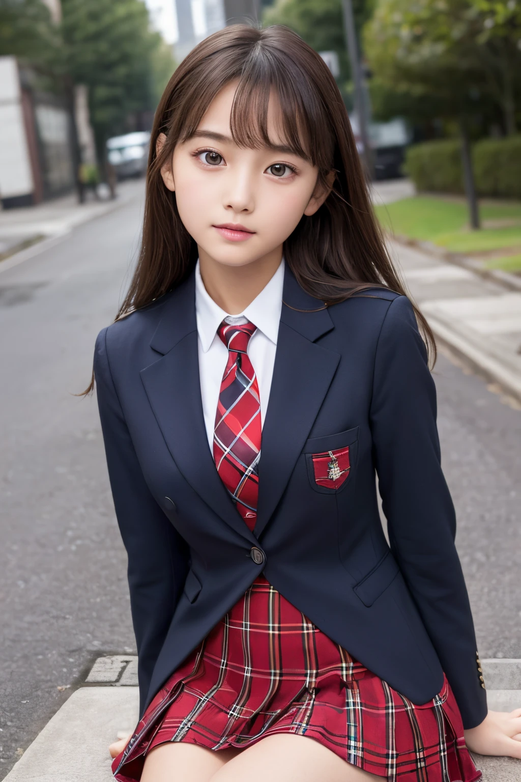 8K、Raw photography、top-quality、masterpiece:1.2、realisitic、Photorealsitic:1.37、ultra-detailliert、超A high resolution、((A 12-year-old girl、Young face))、(Golden Ratio Face、1 face part:1:Arranged at a ratio of 1)、(The approximate width of the eyes is one-fifth of the width of the face....)、An innocent face、Beautiful nose、Balanced style、Blazer Uniform、Tie blouse、Red Tartan Check Pleated Skirt、Blazer Uniform、Tie blouse、Red Tartan Check Pleated Skirt
