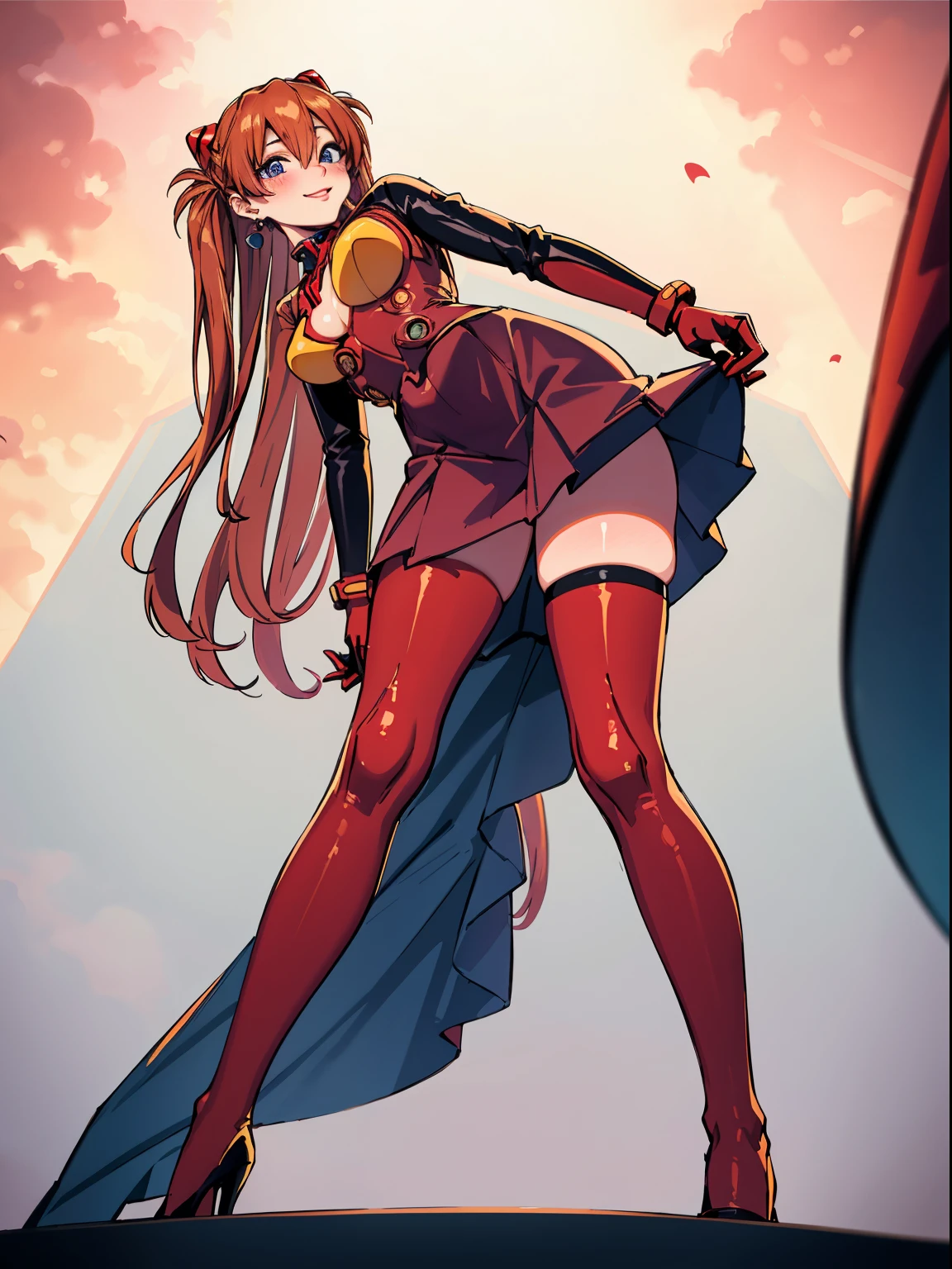 (masutepiece),(Best Quality), Asuka Langley Soryu，Blue eyes，hair between eye，headware，Interface headset，Orange hair，Red Ribbon、bow ribbon 、Colossal tits,Seductive underwear、Looking down on viewers,Solo, (Curve:1.1), looking down to viewer, Smile on his face, ((From below:1.5)) Looks Back, ((Leaning forward)), seen from back, , (Full body shot:1.1), (Red hair:1.05), Long hair, lip stick, makeup, Ultra Detail Hair, ultra detail face, (Purple eyes:1.05), Perfect eyes, Perfect face, earrings, (Confused, blush:1.2), 爆乳 , zettai ryouiki, skirt by the, 校服, high-heels, (Large breasts:1.1), cleavage, Big ass, thighs thighs thighs thighs, Show panties, ((From the hem of the rolled up skirt to the crotch))