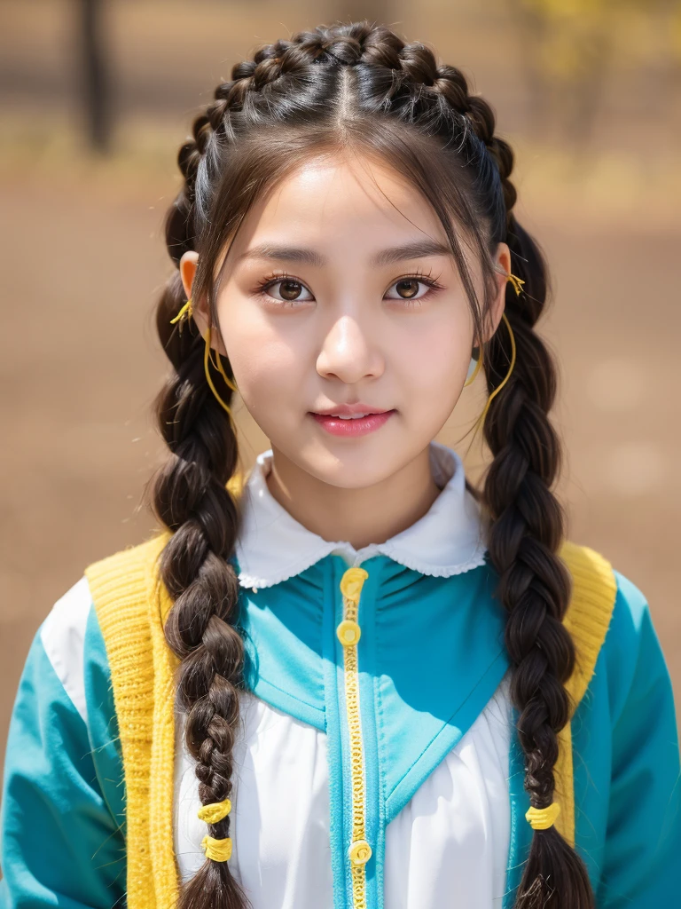 araf girl，Braided，Wearing a yellow cardigan, Young and cute Korean face, braid hairstyle, Colorful braids, Young cute asian face, Korean girls, Cute Korean face, yanjun chengt, Portrait of a Korean female idol, Double ponytail hairstyle, ChineseGirl, Two braids hairstyle, young asian girl, korean artist