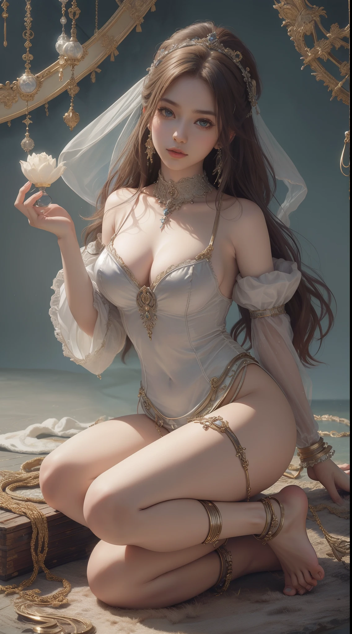 tmasterpiece，Highest image quality，Beautiful bust of a humble slave girl，Clear  eyes，Decorated with metal collars and fur garments，Barefoot，Ultra-detailed details，advanced，At the Pixiv Art Station，Break your own power，Luigi，Big breasts exposing cleavage，R-18G