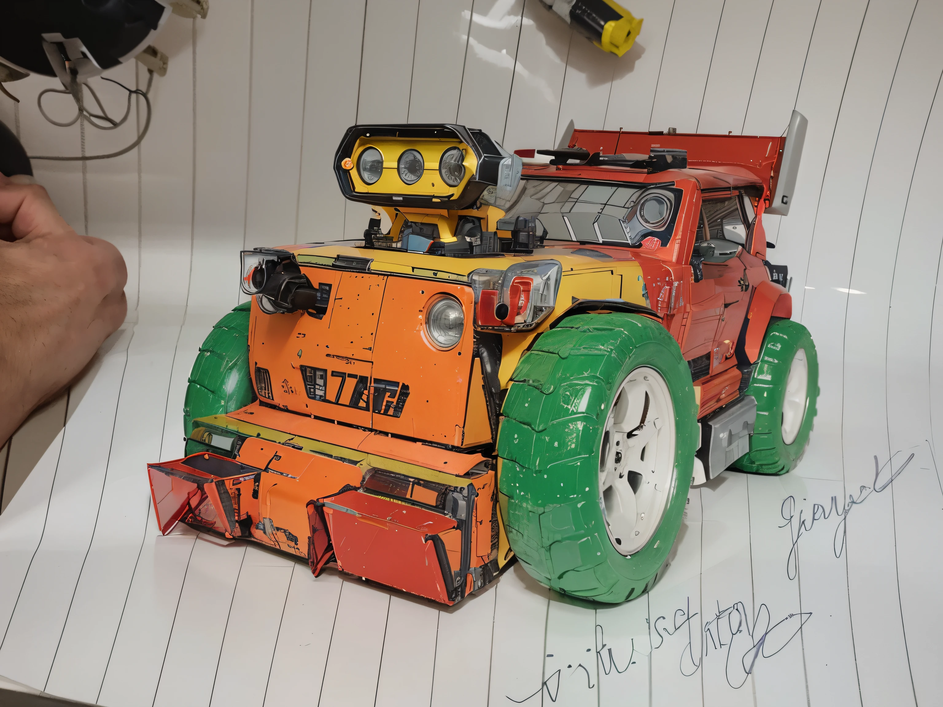 someone is drawing a toy truck on a piece of paper, inspirado em Chris Foss, projeto cad do cortador de grama, design do brinquedo, Estilo de Chris Foss, brinquedo altamente detalhado, conceito de arte mecanizada, inspirado em Ed Roth, tratores futuristas, inspirado em Yoshiyuki Tomino, futuristic cars and mecha robots, Directed by: Stefan Gierowski, concept robot