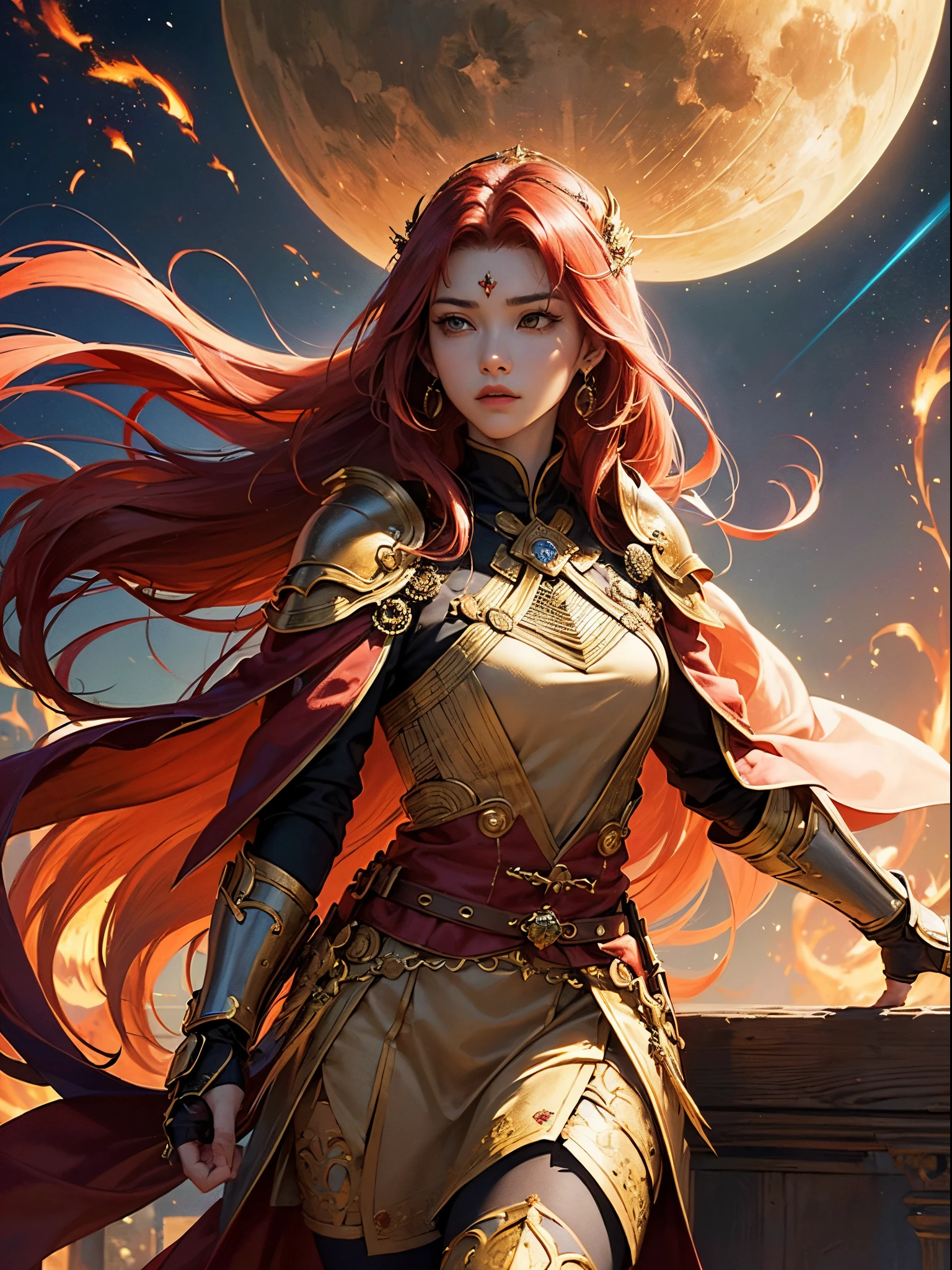 ((masterpiece)))、(((top-quality)))、((ultra-detailliert))、(A hyper-realistic)、(highly detailed CGillustration)、Official art、Gold and red tones、Fantasia、Ancient mythology、Ancient Babylonia、mystical、solemnity、Majestic、Sanctified、Best Quality, master piece、Ishtar, Goddess of War、Increase your fighting spirit、Invincible Great General、Be brave and bold、brave、rigor、Awe-inspiring Hall々、glorias、Prestige、Veteran Hero、Cool eyes、matchless beauty、Rin々Right、Guardians of Lions、refinement、noble、Proud、Wearing noble jewelry、Equip your weapons、The appearance is luxurious and golden armor、cloaks、tall and slender、Long hair with fiery red hair、Perfect Angle、perfect-composition