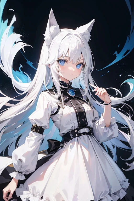 A girl,has long white hair,eBlue eyes,Wolf ears,wears a white dress,sportrait,In the dark night without bright sunlight,