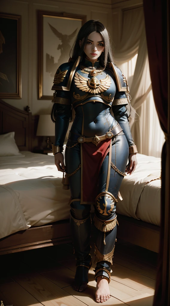 full body, barefoot, standing on bed, masterpiece, best quality, ultra-detailed, absurdres, warhummer 40000, adepta sororitas, girl, 1 person, beautiful face, a beautiful face, the perfect face, sister battle, warrior sororitas