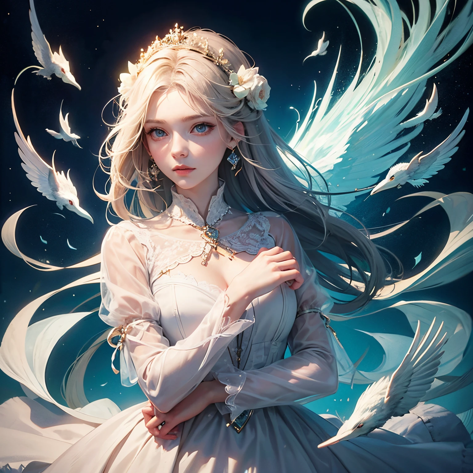 concept-art、(Beautiful girl playing with animals)、Super beautiful face、Beautiful eyes、Gentle expression、Neat and clean dress、Fantasia、Beautiful depiction、Masterpiece、4K