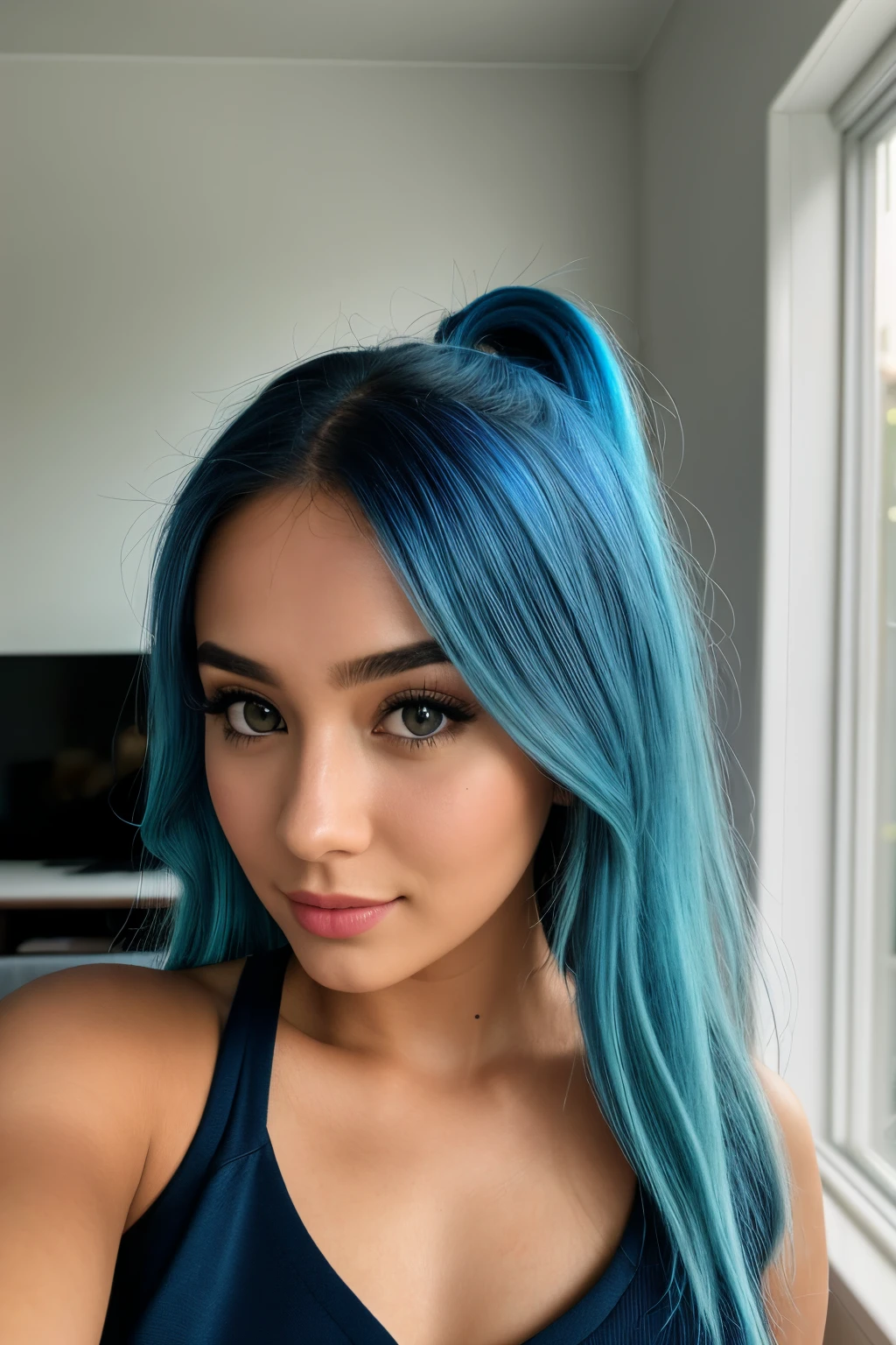 photo of (emikin:0.99), woman as a sexy TikTok influencer, cobalt hair, blue hair , teal hair , twintails, piggy tails, selfie style, full body pose , indoor lounge room , wearing suit , blazer , business suit, job interview, upper class , business (extremely detailed CG unity 8k wallpaper), photo of the most beautiful artwork in the world, professional majestic (photography by Steve McCurry), 8k uhd, dslr, film grain, Fujifilm XT3 sharp focus, f 5.6, High Detail, Sharp focus, dramatic, (looking at viewer:1.2), (detailed pupils:1.3), (natural light), (seductive) , (masterpiece:1.3), (8k, photorealistic, RAW photo, best quality: 1.4), (1girl), beautiful face, (realistic face), beautiful hairstyle, realistic eyes, beautiful detailed eyes, (realistic skin), beautiful skin, attractive, ultra high res, ultra realistic, highly detailed, golden ratio