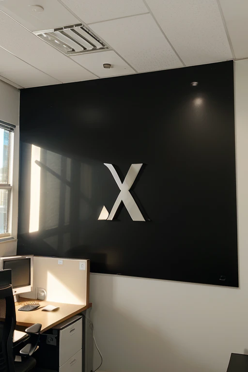 create an image of an office with a 3D logo on the wall written in black, a logo chama: X Expercorp
