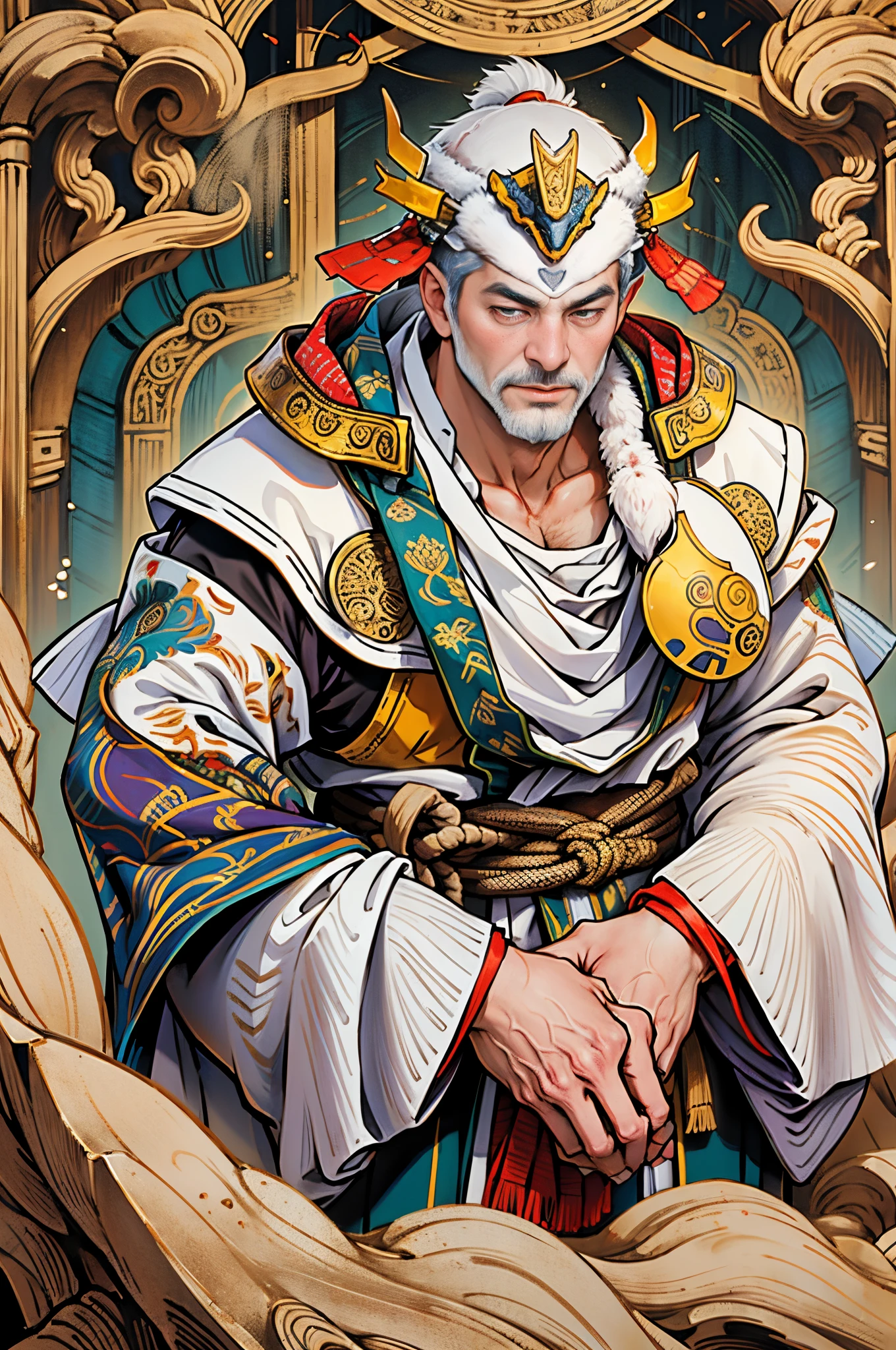Describe an ancient creator,Fuxi,Emperor Fuxi,the first of the three emperors,The first of a hundred kings,He is also the earliest recorded creation god in our country..,He moves up and down in the sky,Deep background,Huang Li,marvelous and unbelievable,Epic work,(Complicated details,hyper-detailing:1.2),ultra real photo, Epic reality, ((com cores neutras)),(pastel colour:1.2), hyper realisitc, + Cinema lenses + dynamic combination, The content is very detailed, Sharpen, Cinematic, illuminate warmly, Light effect, Dramatic light, (Complicated details:1.1), the complex background, (greg rutkovsky:0.8),anatomically correct eyes,anatomically correct limbs,anatomically correct hands,