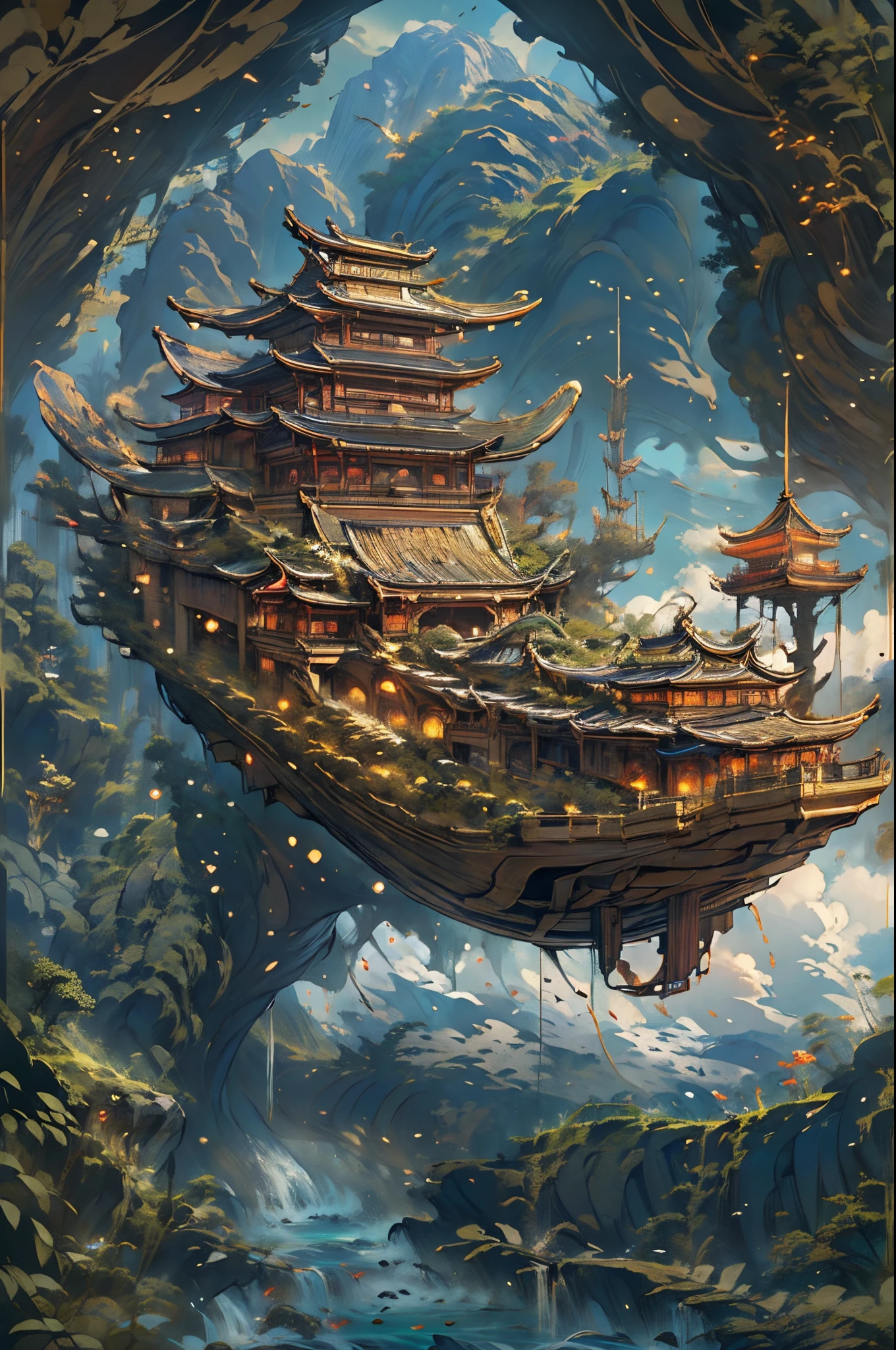 Asian style boat floating in the clouds, complex architectural style, Metal etherification, James' House, Interesting and complex,Boat, ships, fanciful, the space, archaic, das boot, Artistically, Featuring a realistic and ultra-detailed rendering style, northern china's terrain, celestialpunk, Intricately detailed architecture, Contemporary metallurgy, Surreal detailed, Rich in layers,A huge ancient ship floats on the surface of the sky, Cheng Yanjun style, Detailed world architecture, Turn on RTX,Asian style boat flies over mountain peaks, Sci-fi Baroque style, well-built，Accurate, Interlocking structure, celestialpunk, Traincore, Impressive skies, Kushan Empire,Deep background，hoang lap，marvelous and unbelievable，Epic work，(Complicated details，hyper-detailing:1.2)，ultra real photo, Epic reality, ((com cores neutras)),(pastel colour:1.2), hyper realisitc, + Cinema lenses + dynamic compositions, The is very detailed, Sharpen, Cinematic, warmly lit, Light effect, Dramatic light, (Complicated details:1.1), the complex background, (greg rutkovsky:0.8),