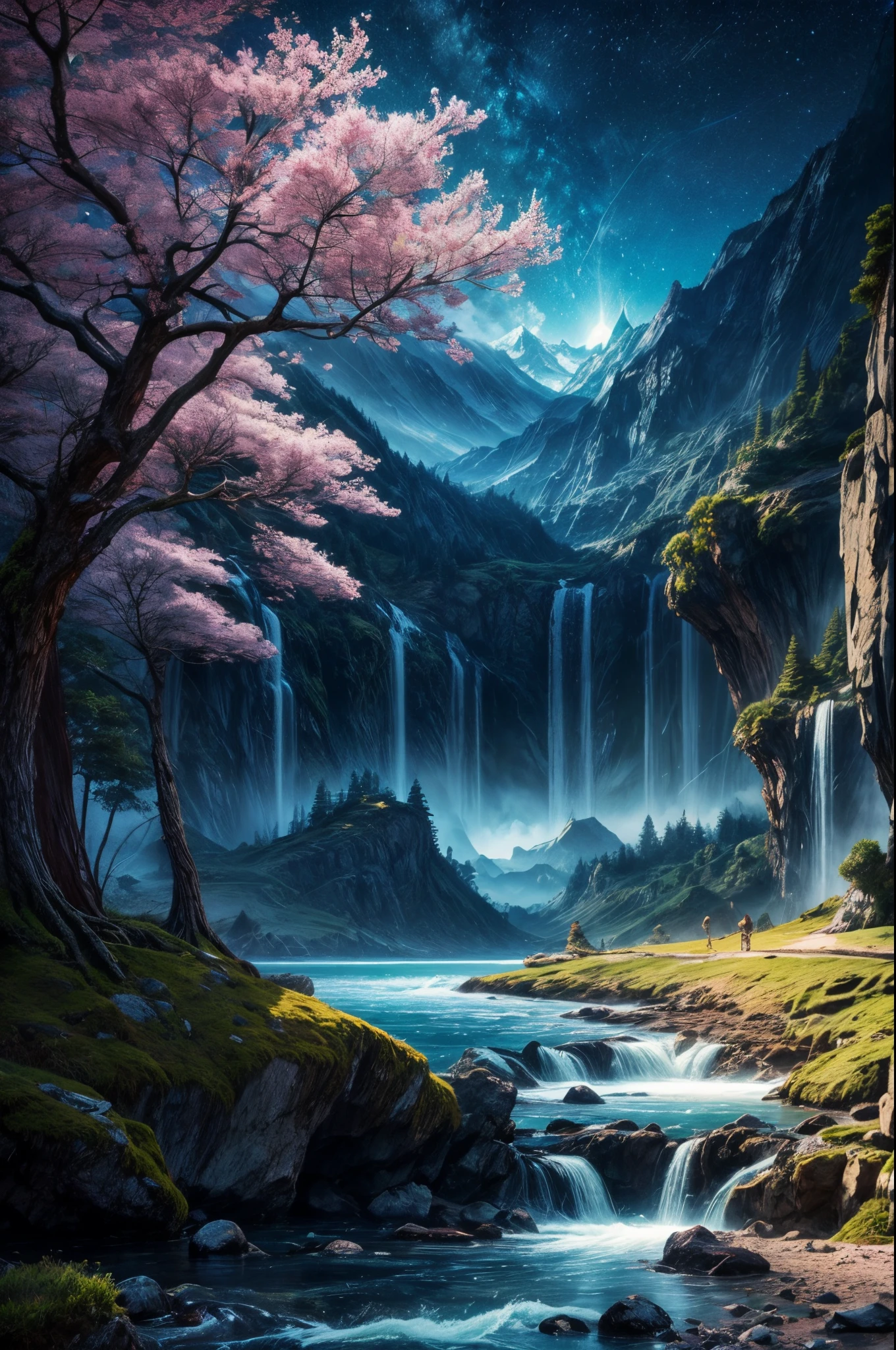 La mejor calidad, Obra maestra, Beautiful wild and natural fantasy landscape with bright lights