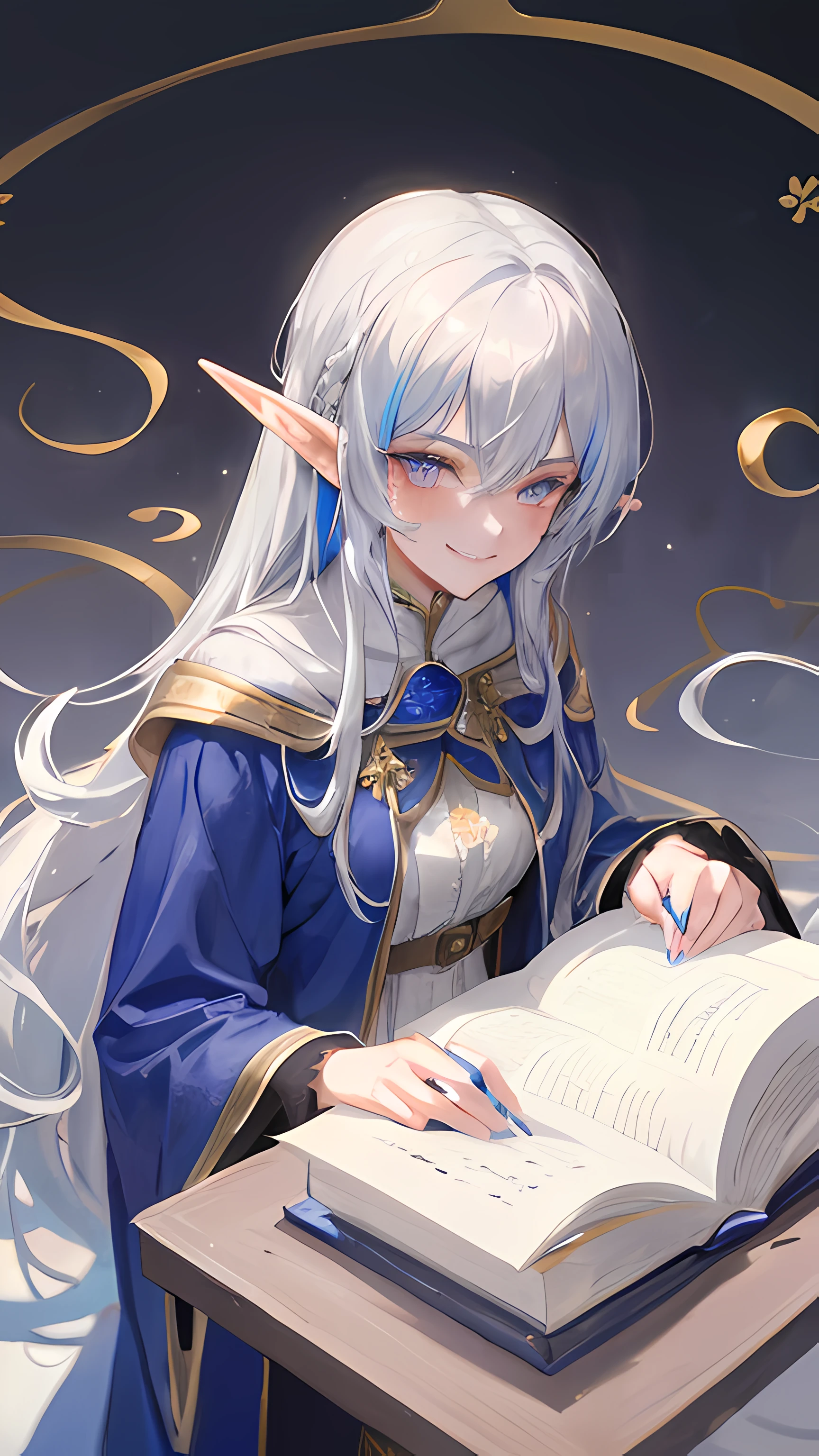 older sister Felicity who is 19 year old archmage wearing a royal blue robe with gold and silver lacing she is a high elf with sharp ears, silver hair and rainbow colored eyes. She is smirking, and standing and crossing her arms. Draw with a white background