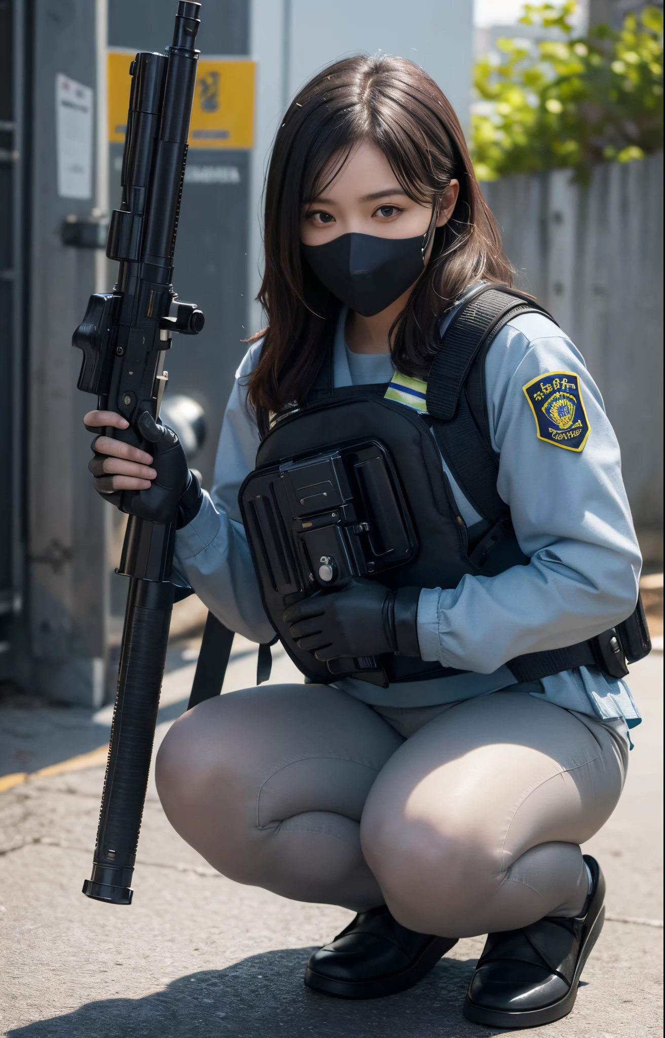 ((best quality, (masterpiece), photorealistic, photorealism, Photorealistic, high resolution)), 1girl full body, aiming with an assault rifle, another girl squatting behind, Combat pose, a bit chubby, (Detailed face), (wearing rash-guard likes police uniform, gloves, black and grey mecha, wearing futuristic-gasmask, military harness, holding a machinegun, carrying hich-tech-launcher), background grey, Fingers are occluded