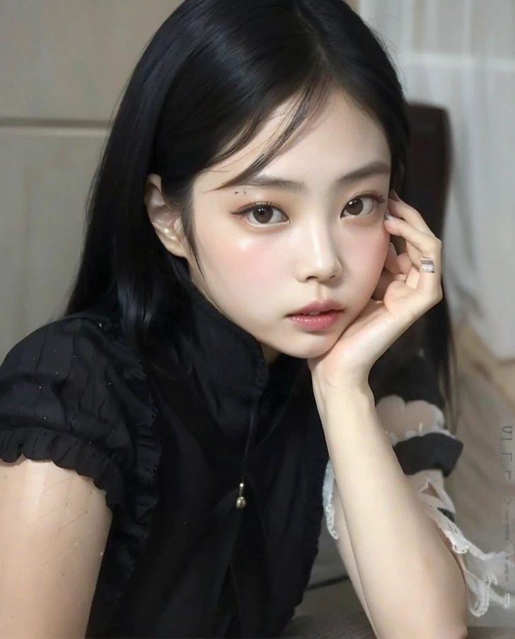 There is a woman who is sitting with her hand on her chin, Chica coreana, ulzzang, young cute wan asian face, Asian face, south east asian with round face, Wan adorable cara coreana, Joven y adorable rostro coreano, Hermosa mujer surcoreana, Xintong Chen, chica linda-fina-cara, Jinyoung Shin, Wenfei Ye, pale round face