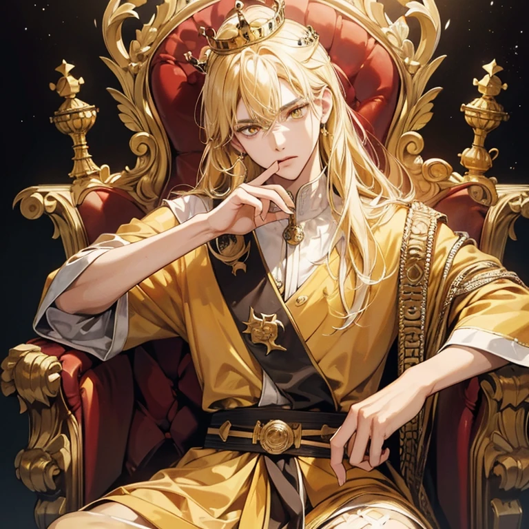Best quality, masterpiece, ultra-high resolution, portrait of king of the kingdom, crown, blond hair and yellow eyes, sit in the throne, focus eyes, details fingers