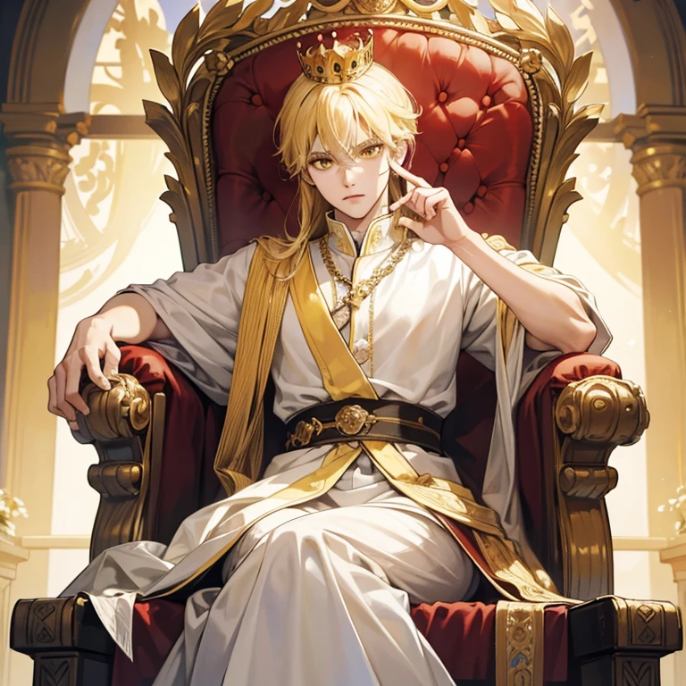 Best quality, masterpiece, ultra-high resolution, portrait of king of the kingdom, crown, blond hair and yellow eyes, sit in the throne, focus eyes, details fingers