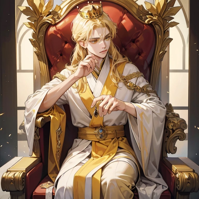 Best quality, masterpiece, ultra-high resolution, portrait of king of the kingdom, crown, blond hair and yellow eyes, sit in the throne, focus eyes, details fingers