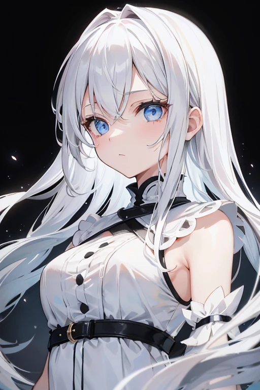 A  girl，has long white hair，eBlue eyes，wears a white dress，Bust photo，sportrait，In the dark night without bright sunlight，