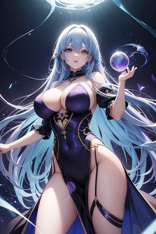 Obra maestra, La mejor calidad, 1girl, with long, iridescent hair in purple tones, azul, y verde, con un elegante traje negro, standing in a dramatic pose with one hand on the hip and the other holding a magic crystal ball. en segundo plano, A swirl of light and energy adds to the mysterious and enchanting atmosphere of the scene... Cabello resplandeciente, sexy big breasts, underboobs