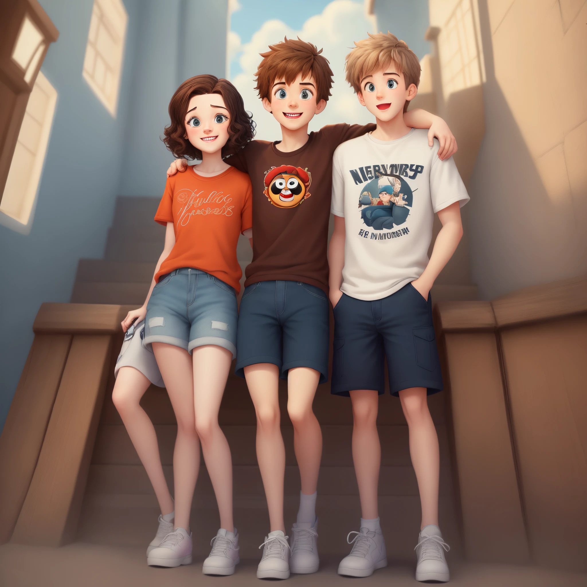 Crest a Pixar themed cartoon of two best friends one of the boys is white with brown hair and it is wavy and short the other is mixed