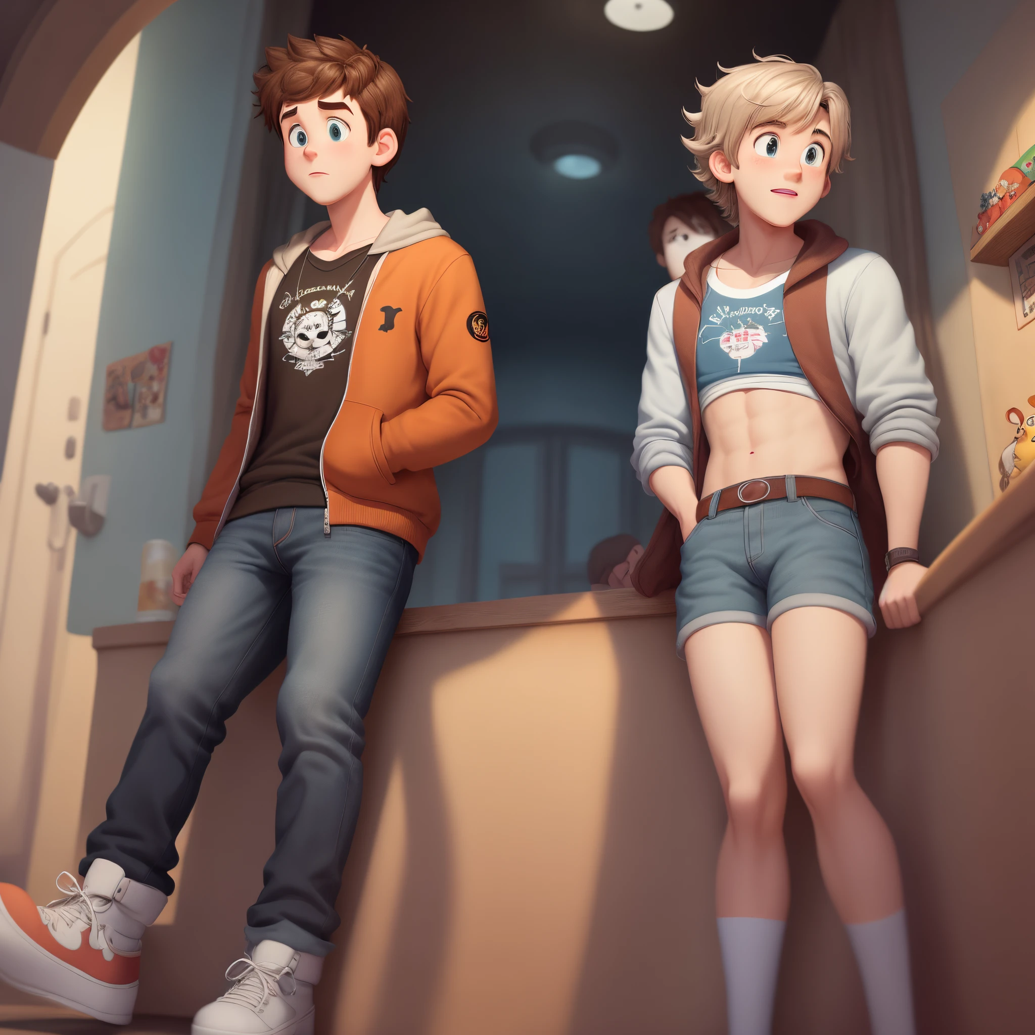 Crest a Pixar themed cartoon of two best friends one of the boys is white with brown hair and it is wavy and short the other is mixed
