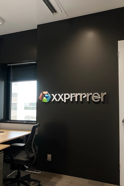 create an image of an office with a 3D logo on the wall written in black, a logo chama: X Expercorp